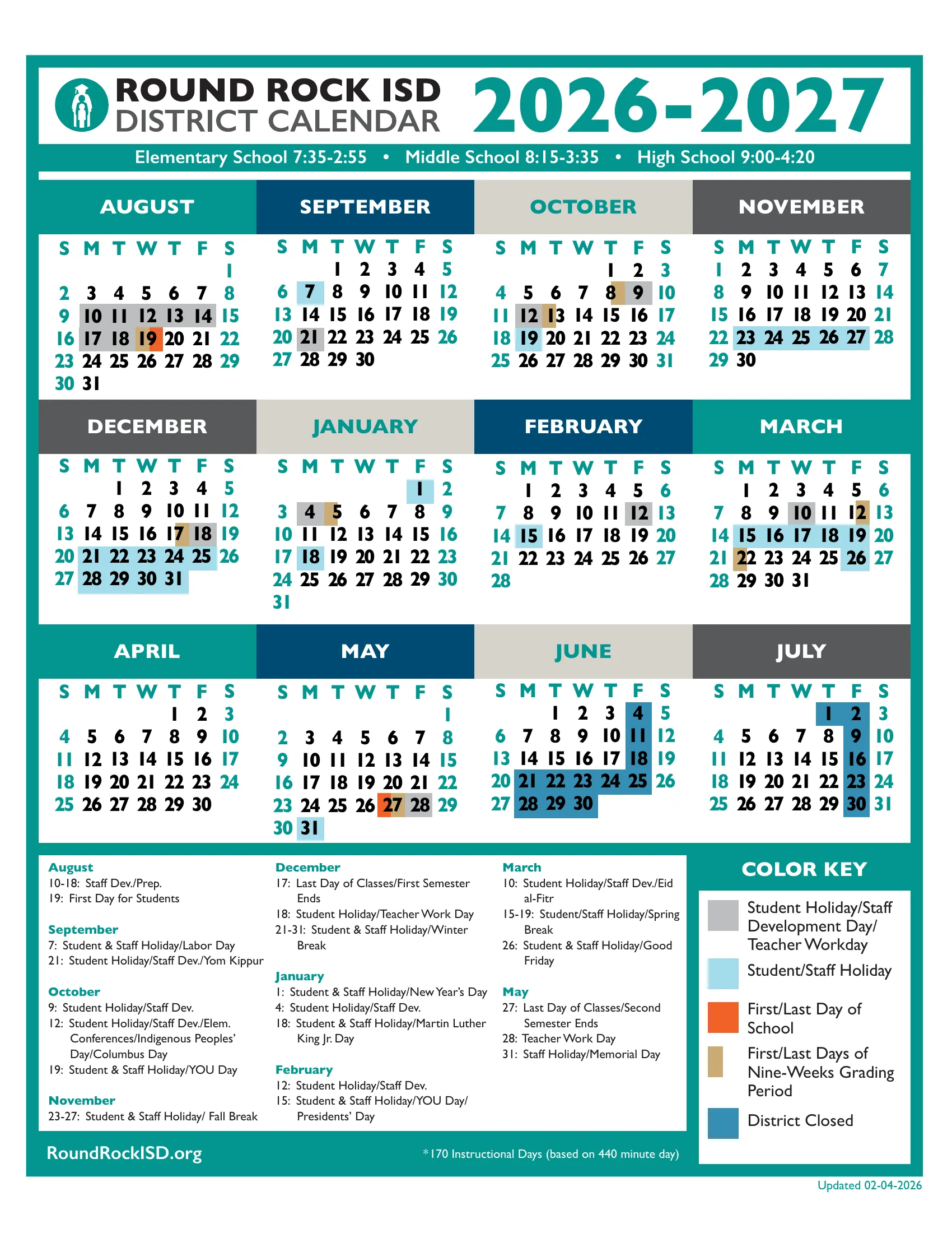 The Round Rock ISD 2026-2027 District Calendar: month grids from August 2026 to July 2027 with student holidays and staff days in gray, student and staff holidays in light blue, the first and last day in orange, nine-week start and end days in tan and district-closed days in dark blue, school hours across the top and the dates listed by month below.