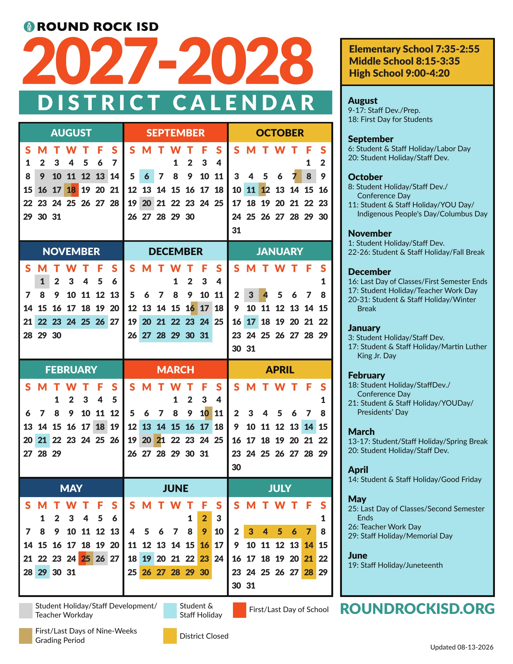 The Round Rock ISD 2027-2028 District Calendar: month grids from August 2027 to July 2028 with student holidays and staff days in gray, student and staff holidays in light blue, the first and last day in orange, nine-week start and end days in tan and district-closed days in gold, school hours across the top and the dates listed by month beside the grids.