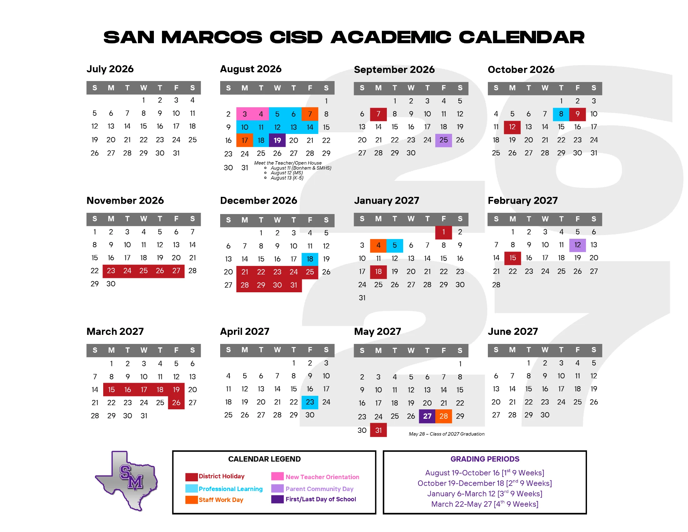 The San Marcos CISD 2026-2027 academic calendar: month grids from July 2026 to June 2027 with district holidays in red, professional learning days in blue, staff work days in orange, new teacher orientation in pink, parent community days in lavender, the first and last day in purple, and the four grading periods.