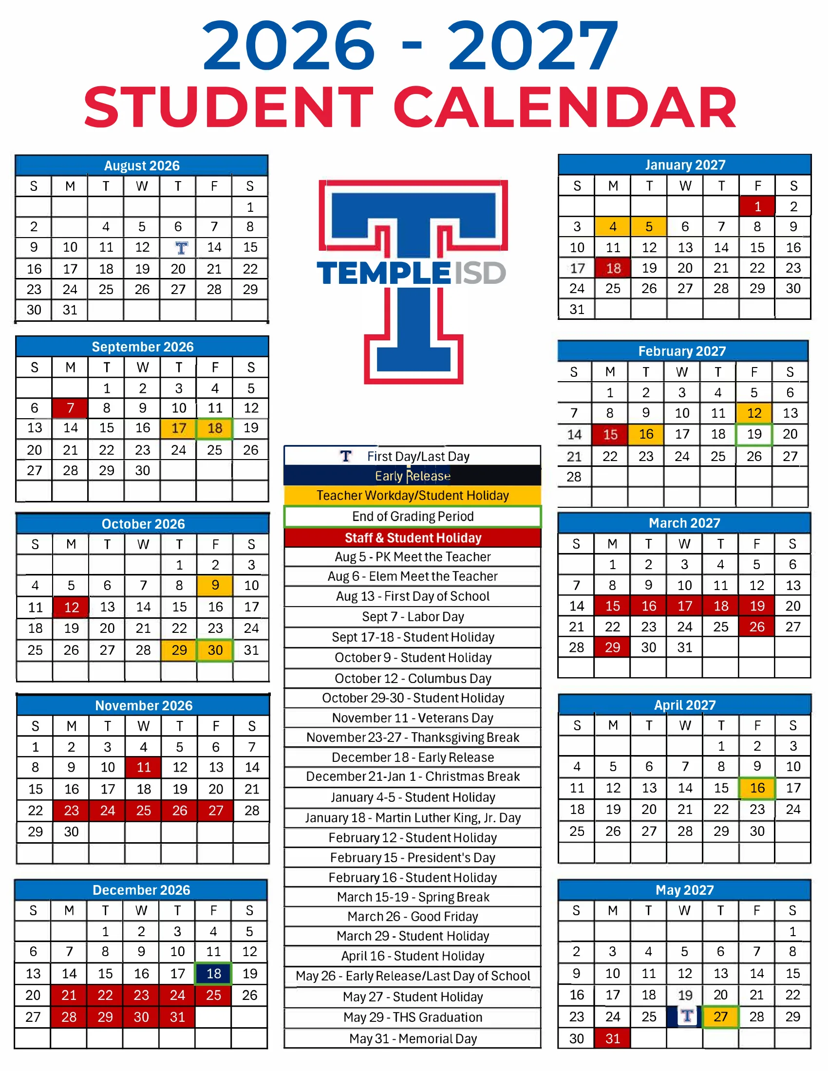 The Temple ISD 2026-2027 Student Calendar: month grids from August 2026 to May 2027 with staff and student holidays in red, teacher workday and student holidays in gold, early release days in navy, the first and last day marked with the Temple T, grading period ends outlined in green, and a list of key dates.