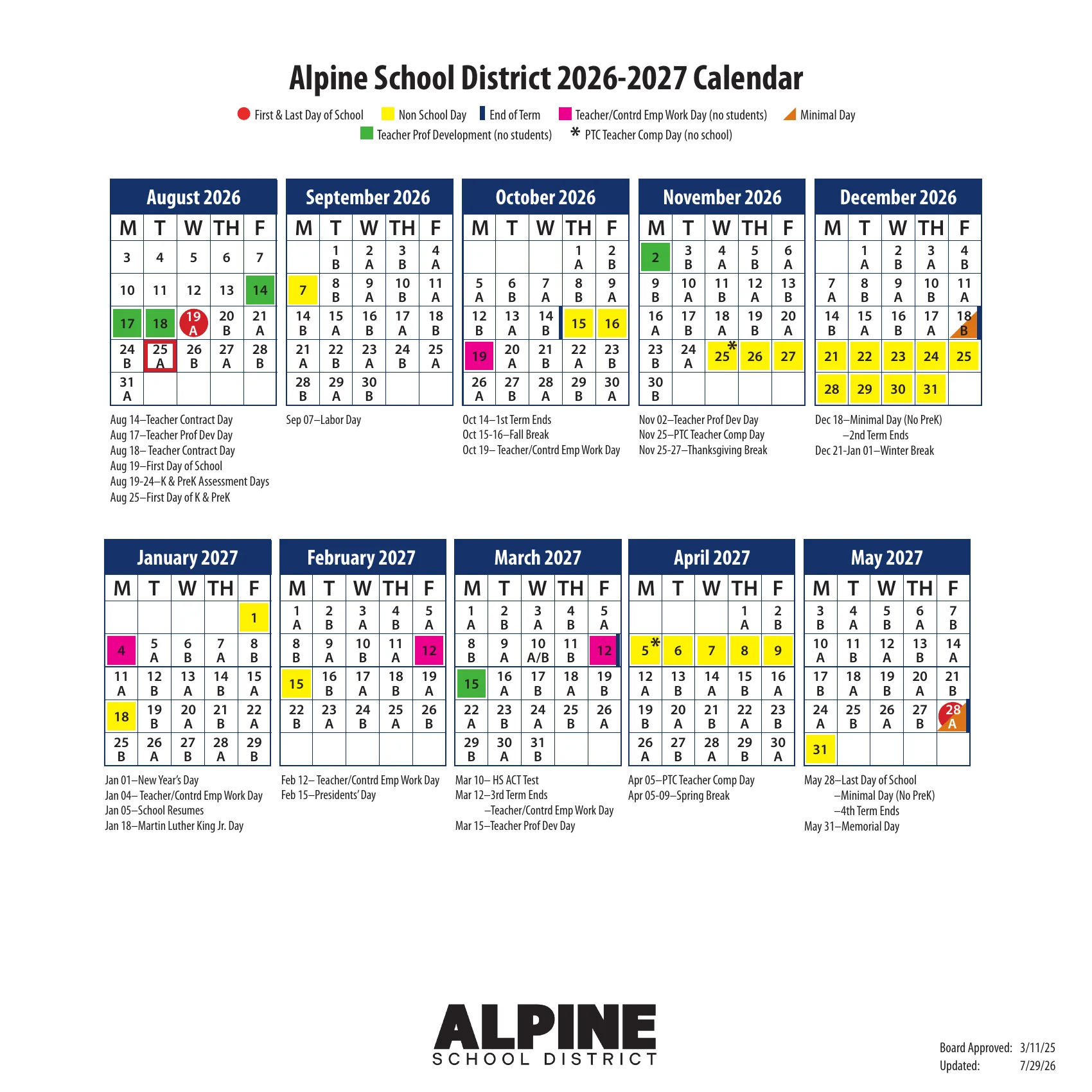 The Alpine School District 2026-2027 Calendar: weekday month grids from August 2026 to May 2027 with A and B day letters on each school day, red circles on the first and last days, non-school days in yellow, teacher work days in magenta, professional development days in green, minimal days in orange, end-of-term bars and stars on parent-teacher conference comp days, with a list of dates under each month.