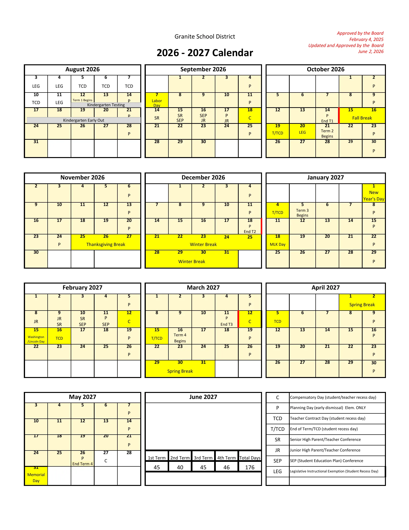 The Granite School District 2026 - 2027 Calendar: weekday month grids from August 2026 to May 2027 with days off in yellow, codes for compensatory days, planning day early outs, teacher contract days and conferences, term day counts and a key; page 2 lists holidays, conference schedules and term dates.