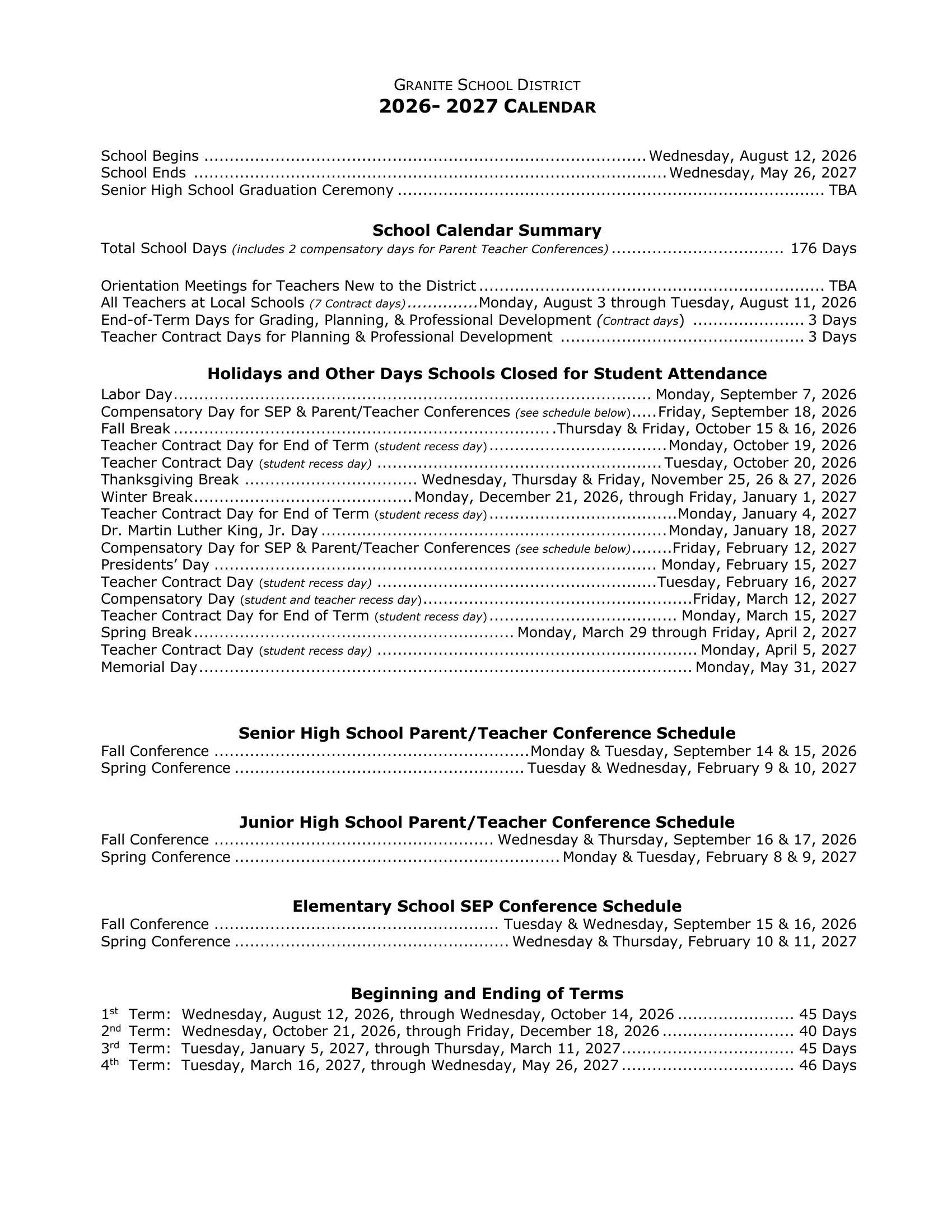 The Granite School District 2026 - 2027 Calendar: weekday month grids from August 2026 to May 2027 with days off in yellow, codes for compensatory days, planning day early outs, teacher contract days and conferences, term day counts and a key; page 2 lists holidays, conference schedules and term dates. Page 2 of 2.