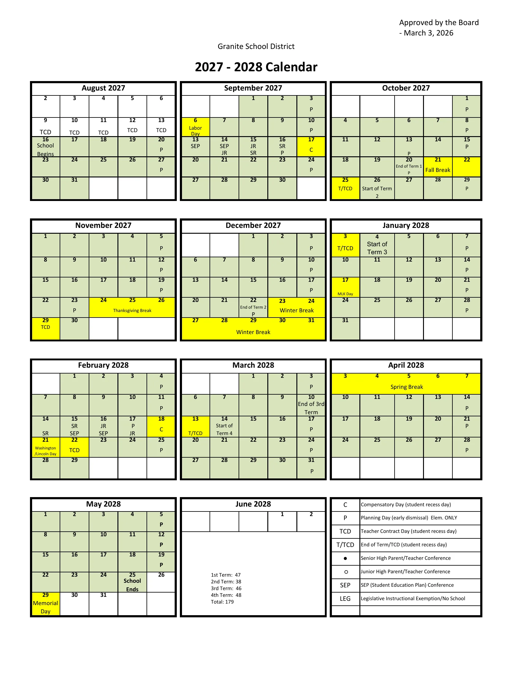The Granite School District 2027 - 2028 Calendar: weekday month grids from August 2027 to June 2028 with days off in yellow, codes for compensatory days, planning day early outs, teacher contract days and conferences, term day counts and a key; page 2 lists holidays, conference schedules and term dates.