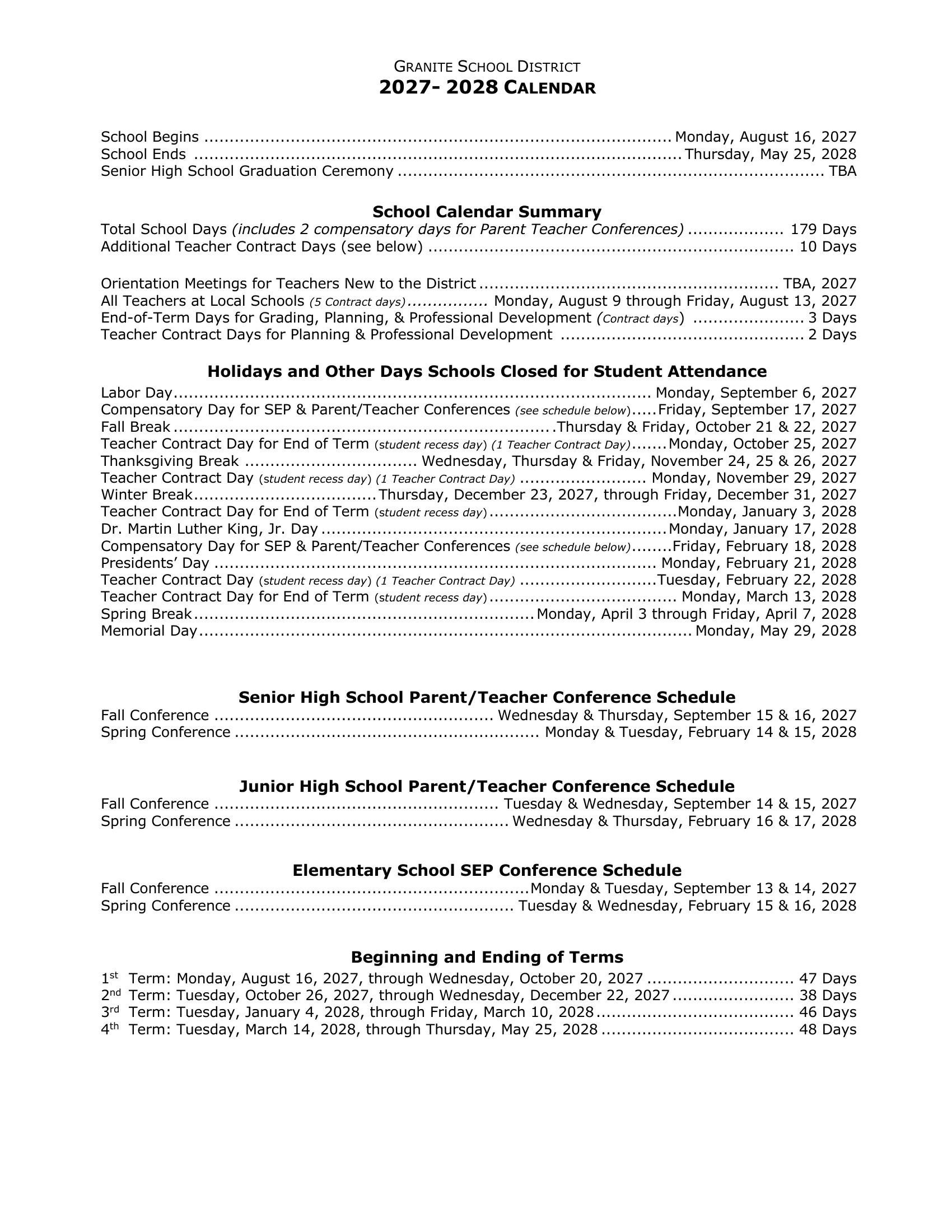 The Granite School District 2027 - 2028 Calendar: weekday month grids from August 2027 to June 2028 with days off in yellow, codes for compensatory days, planning day early outs, teacher contract days and conferences, term day counts and a key; page 2 lists holidays, conference schedules and term dates. Page 2 of 2.