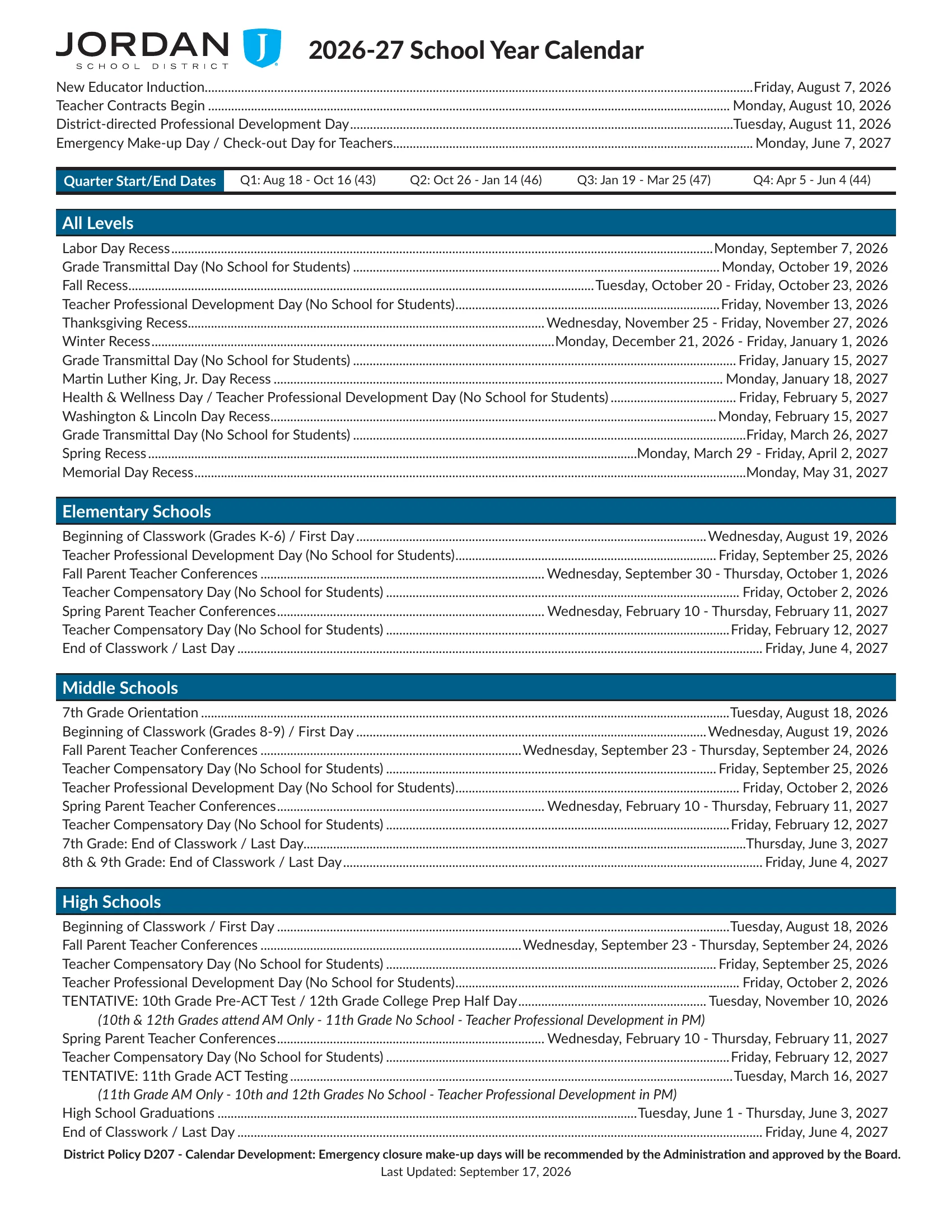 The Jordan School District 2026-27 School Year Calendar, All Levels: page 1 lists the dates for all levels and for elementary, middle and high schools; pages 2 and 3 show the same weekday month grids from August 2026 to June 2027 (landscape and portrait) with A and B days, quarter starts and ends in red, grade transmittal days in orange, recesses in yellow, teacher days in purple, parent conferences in light blue and grade or level exceptions in green.