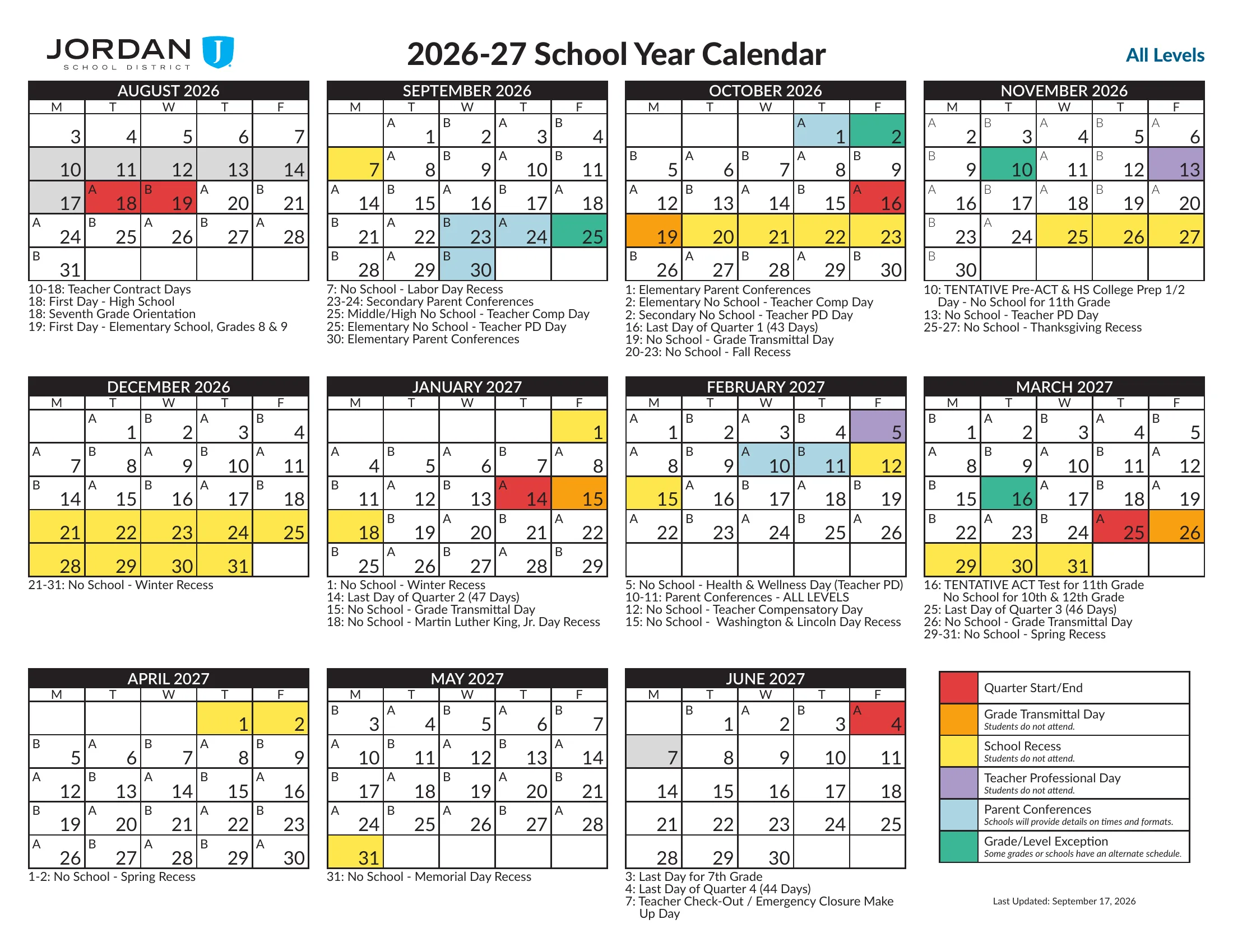 The Jordan School District 2026-27 School Year Calendar, All Levels: page 1 lists the dates for all levels and for elementary, middle and high schools; pages 2 and 3 show the same weekday month grids from August 2026 to June 2027 (landscape and portrait) with A and B days, quarter starts and ends in red, grade transmittal days in orange, recesses in yellow, teacher days in purple, parent conferences in light blue and grade or level exceptions in green. Page 2 of 3.