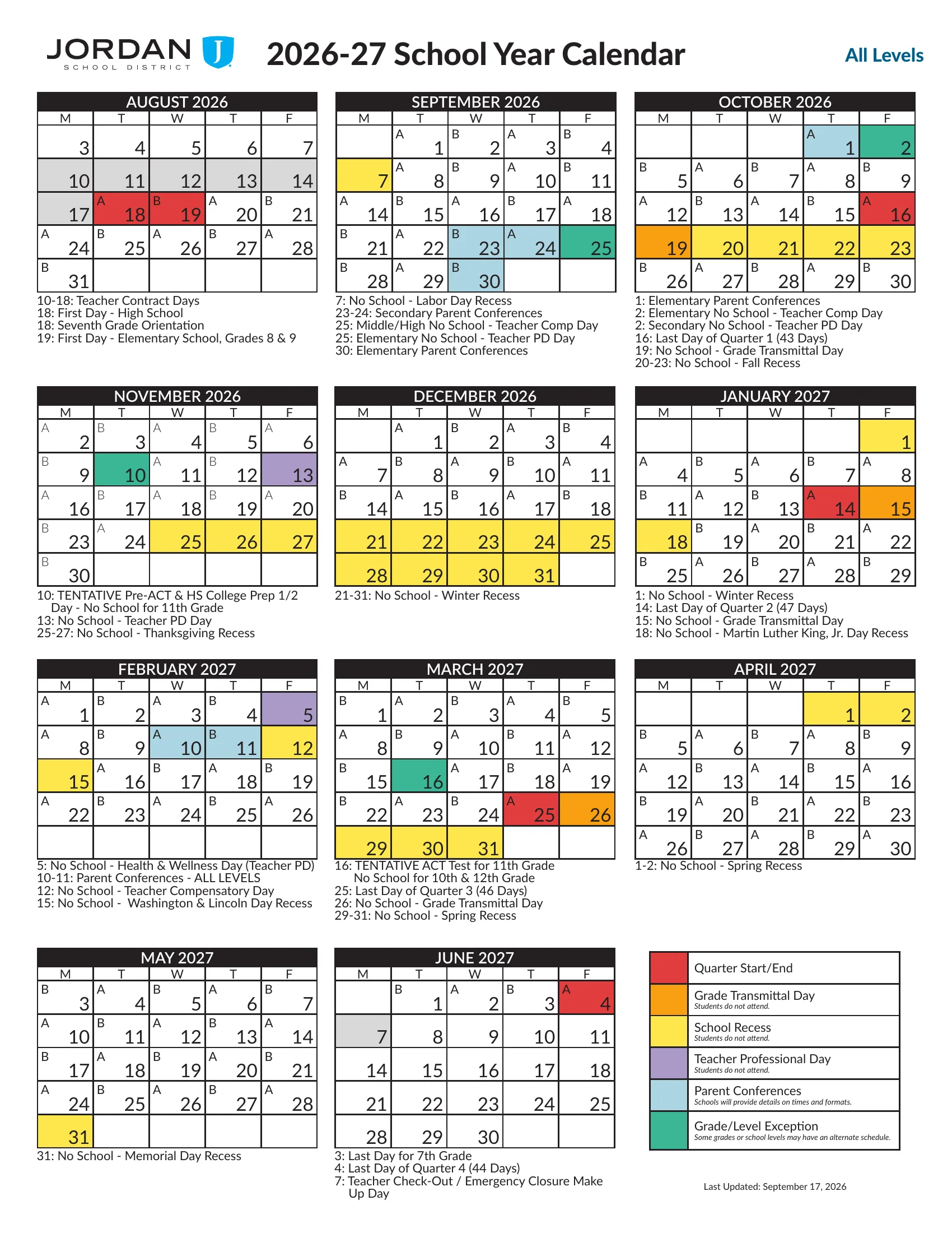 The Jordan School District 2026-27 School Year Calendar, All Levels: page 1 lists the dates for all levels and for elementary, middle and high schools; pages 2 and 3 show the same weekday month grids from August 2026 to June 2027 (landscape and portrait) with A and B days, quarter starts and ends in red, grade transmittal days in orange, recesses in yellow, teacher days in purple, parent conferences in light blue and grade or level exceptions in green. Page 3 of 3.
