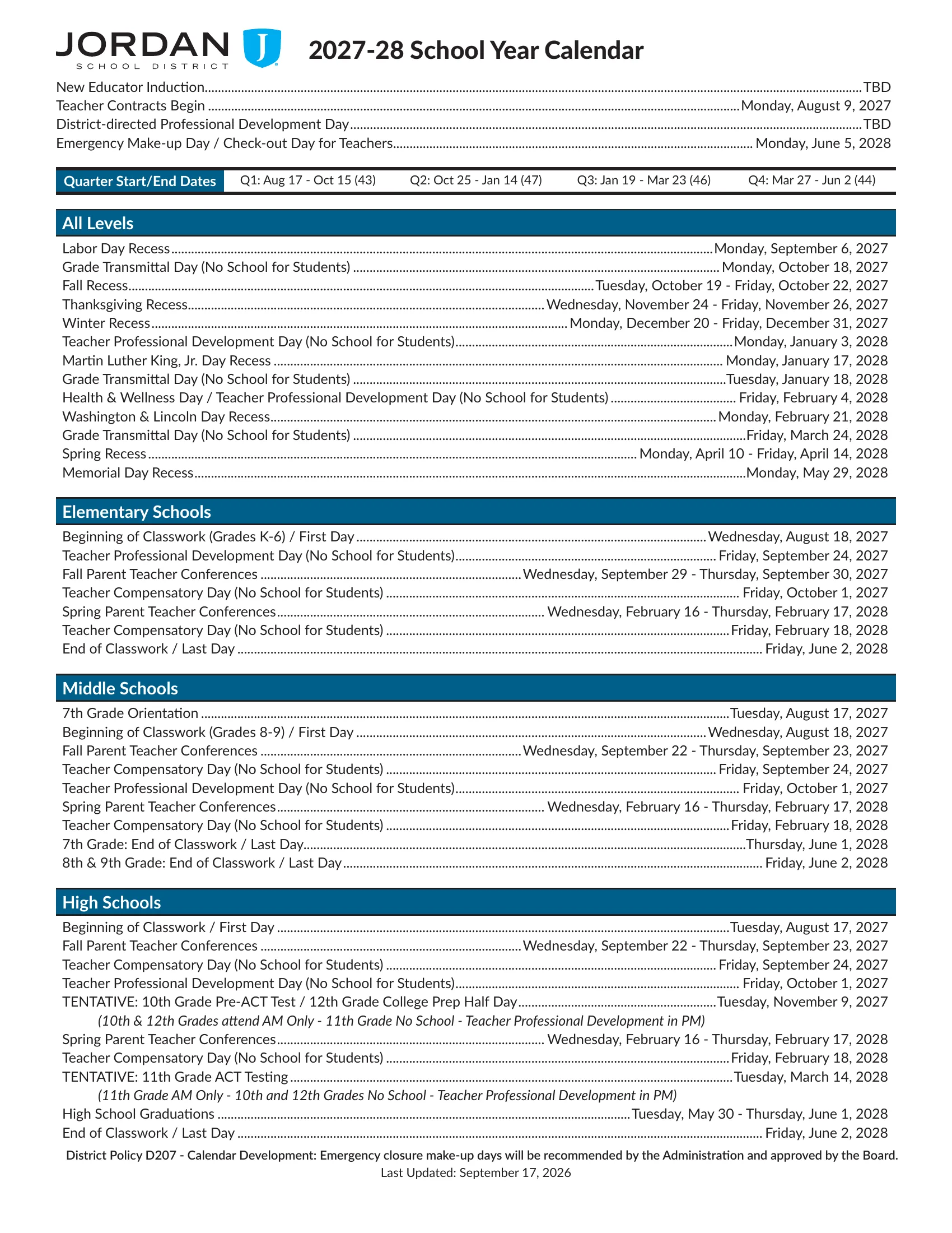 The Jordan School District 2027-28 School Year Calendar, All Levels: page 1 lists the dates for all levels and for elementary, middle and high schools; pages 2 and 3 show weekday month grids from August 2027 to June 2028 with A and B days, quarter starts and ends in red, grade transmittal days in orange, recesses in yellow, teacher days in purple, parent conferences in light blue and grade or level exceptions in green.
