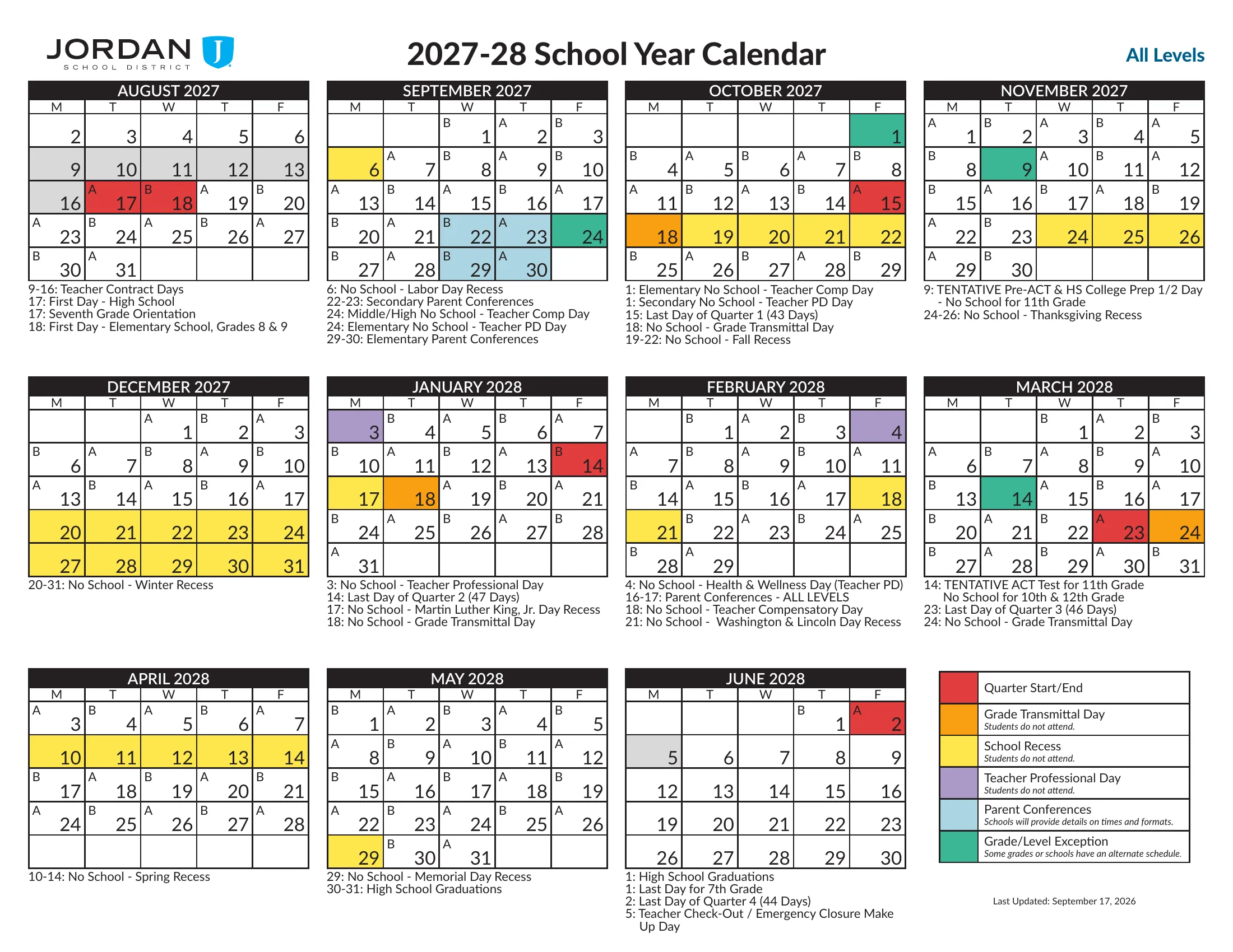 The Jordan School District 2027-28 School Year Calendar, All Levels: page 1 lists the dates for all levels and for elementary, middle and high schools; pages 2 and 3 show weekday month grids from August 2027 to June 2028 with A and B days, quarter starts and ends in red, grade transmittal days in orange, recesses in yellow, teacher days in purple, parent conferences in light blue and grade or level exceptions in green. Page 2 of 3.