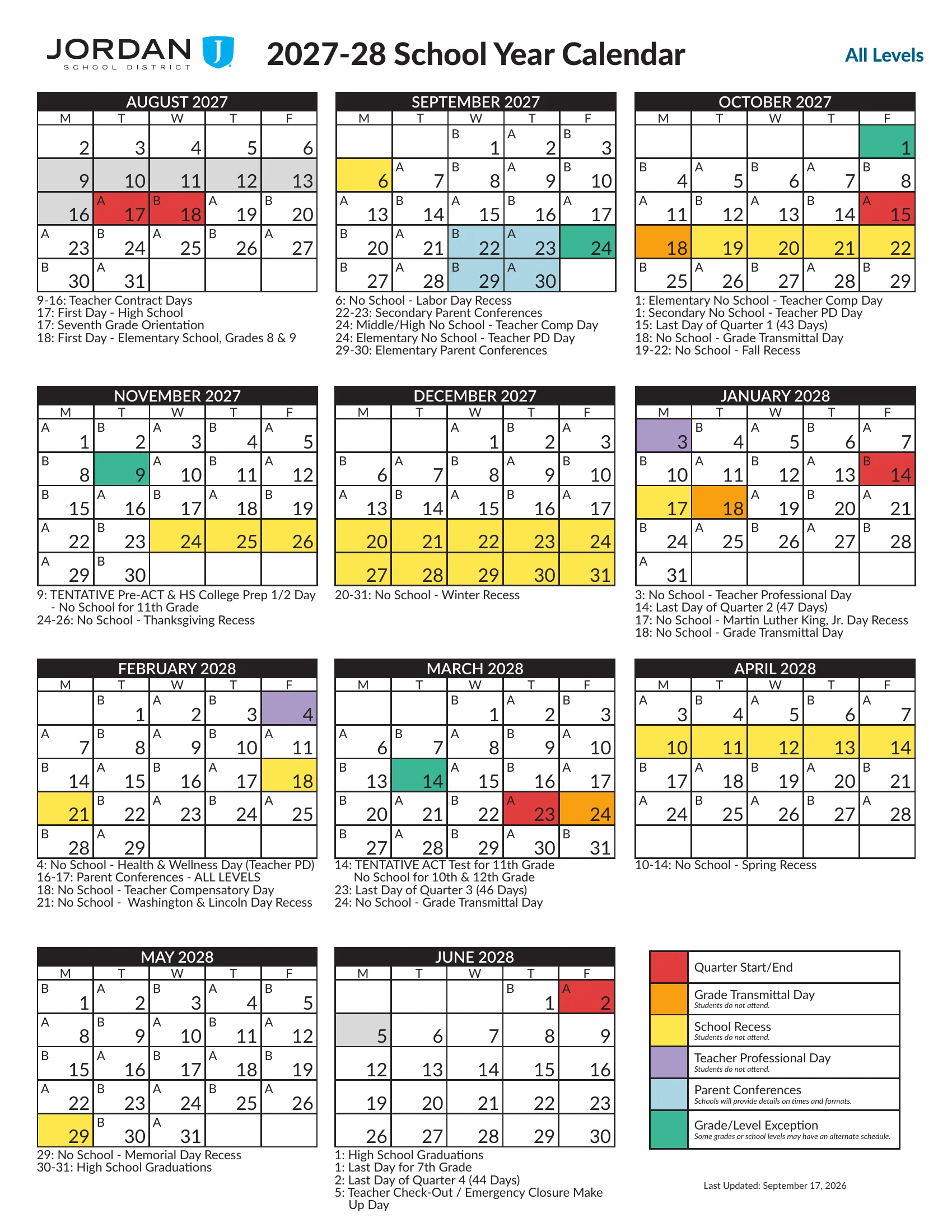 The Jordan School District 2027-28 School Year Calendar, All Levels: page 1 lists the dates for all levels and for elementary, middle and high schools; pages 2 and 3 show weekday month grids from August 2027 to June 2028 with A and B days, quarter starts and ends in red, grade transmittal days in orange, recesses in yellow, teacher days in purple, parent conferences in light blue and grade or level exceptions in green. Page 3 of 3.