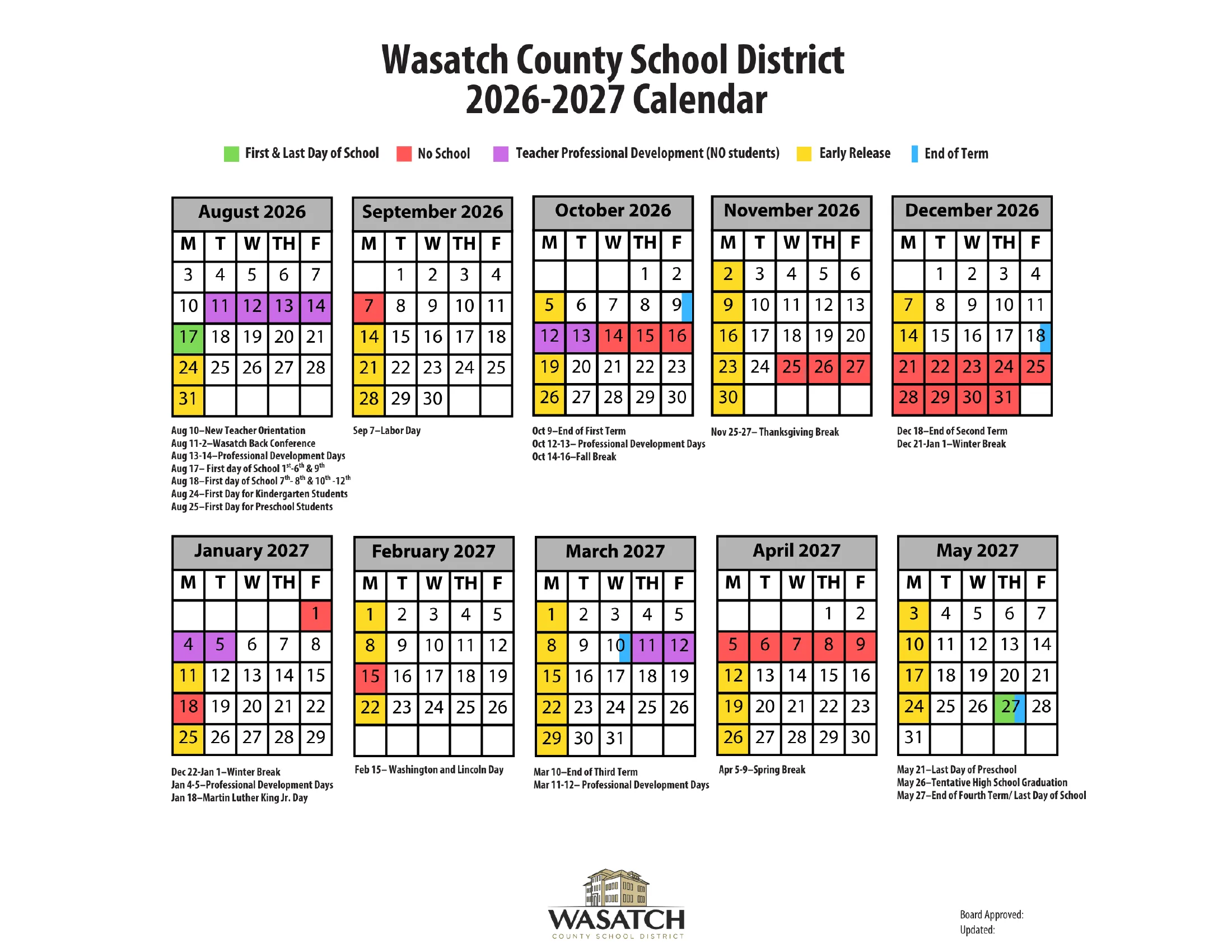 The Wasatch County School District 2026-2027 Calendar: weekday month grids from August to May, with the first and last day in green, no-school days in red, teacher professional development days in purple, Monday early releases in yellow, term ends marked in blue, and key dates under each month.