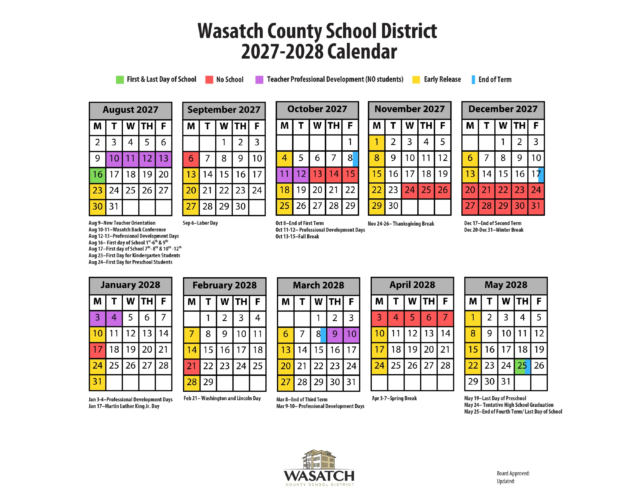 The Wasatch County School District 2027-2028 Calendar: weekday month grids from August to May, with the first and last day in green, no-school days in red, teacher professional development days in purple, Monday early releases in yellow, term ends marked in blue, and key dates under each month.