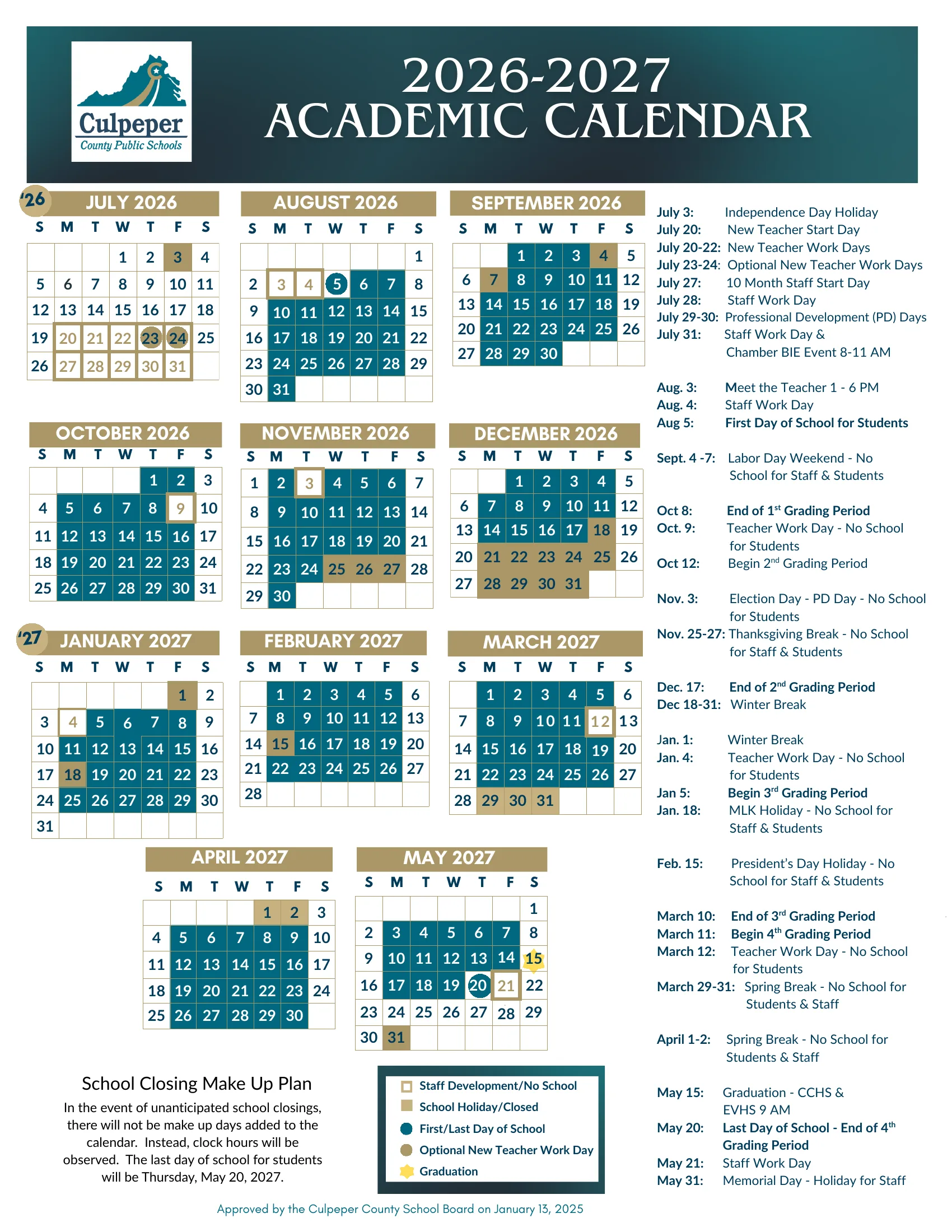 The Culpeper County Public Schools 2026-2027 Academic Calendar: month grids from July 2026 to May 2027 with school days in teal, holidays and closed days in tan, staff development days outlined, the first and last days circled and graduation starred, beside a dated list of key dates and the school closing make up plan.