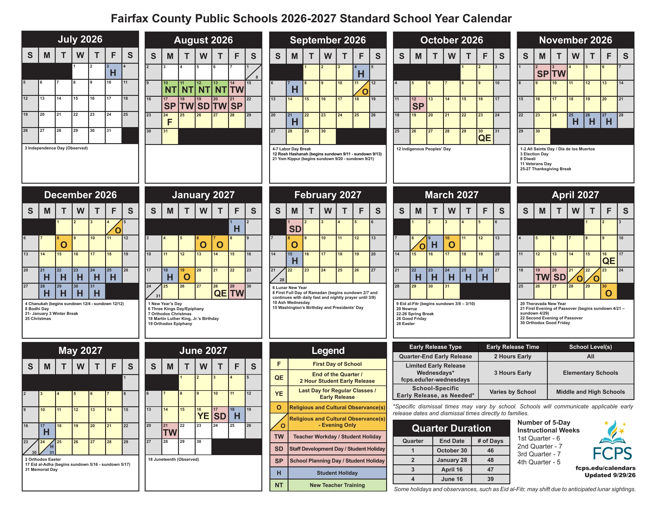The Fairfax County Public Schools 2026-2027 Standard School Year Calendar: twelve month grids from July 2026 to June 2027 with color-coded student holidays, teacher workdays, quarter ends and religious and cultural observances, a legend, an early release table and a quarter duration table.