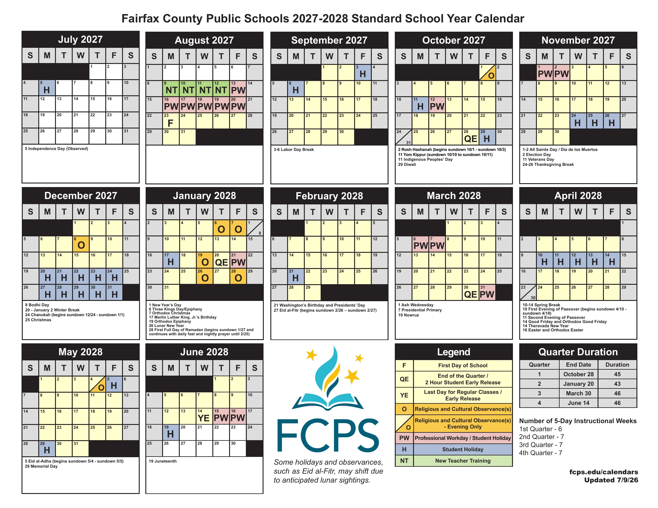 The Fairfax County Public Schools 2027-2028 Standard School Year Calendar: twelve month grids from July 2027 to June 2028 with color-coded student holidays, professional workdays, new teacher training, quarter ends and religious and cultural observances, a legend and a quarter duration table.
