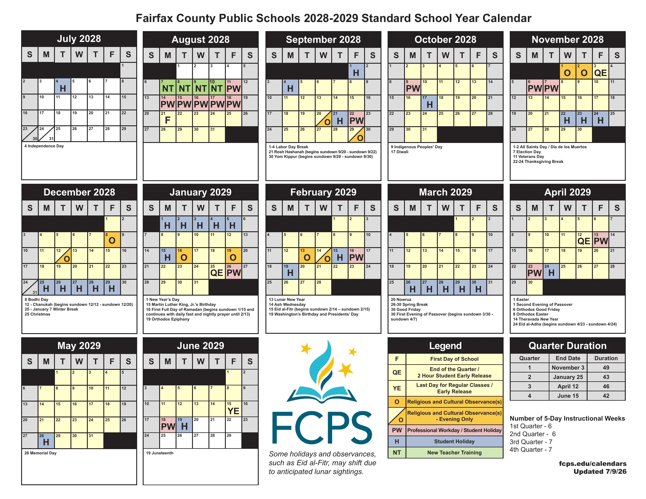 The Fairfax County Public Schools 2028-2029 Standard School Year Calendar: twelve month grids from July 2028 to June 2029 with color-coded student holidays, professional workdays, new teacher training, quarter ends and religious and cultural observances, a legend and a quarter duration table.