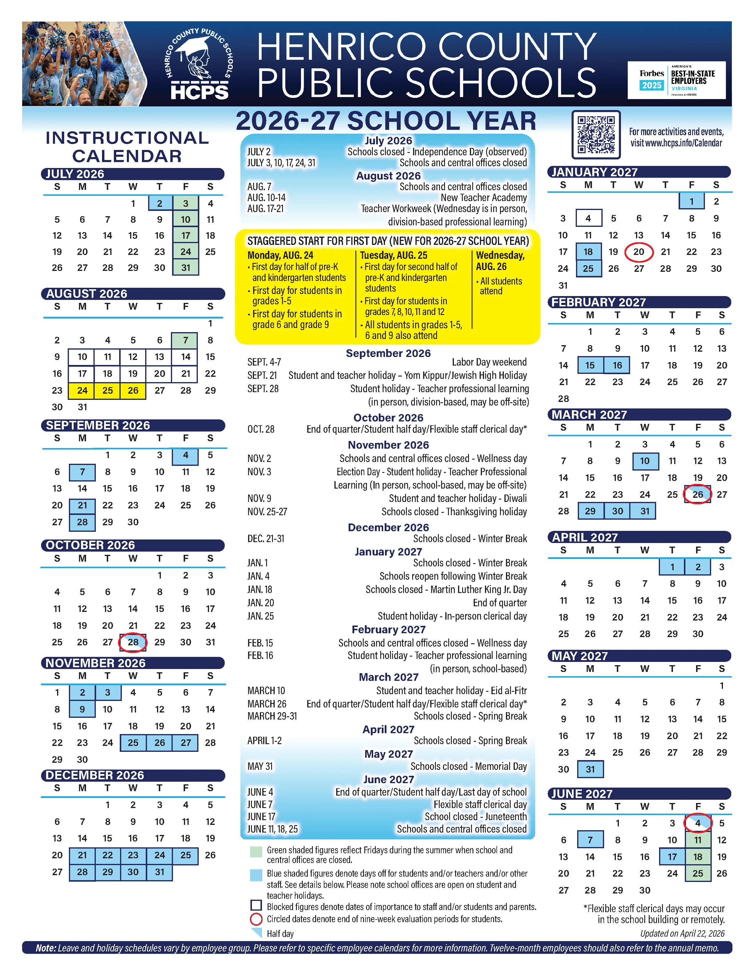 The Henrico County Public Schools 2026-27 instructional calendar: month grids from July 2026 to June 2027 with days off shaded blue, summer Fridays green, the staggered first days in yellow, end of each nine weeks circled in red and half days marked with a blue corner, plus a month-by-month list of dates in the center.
