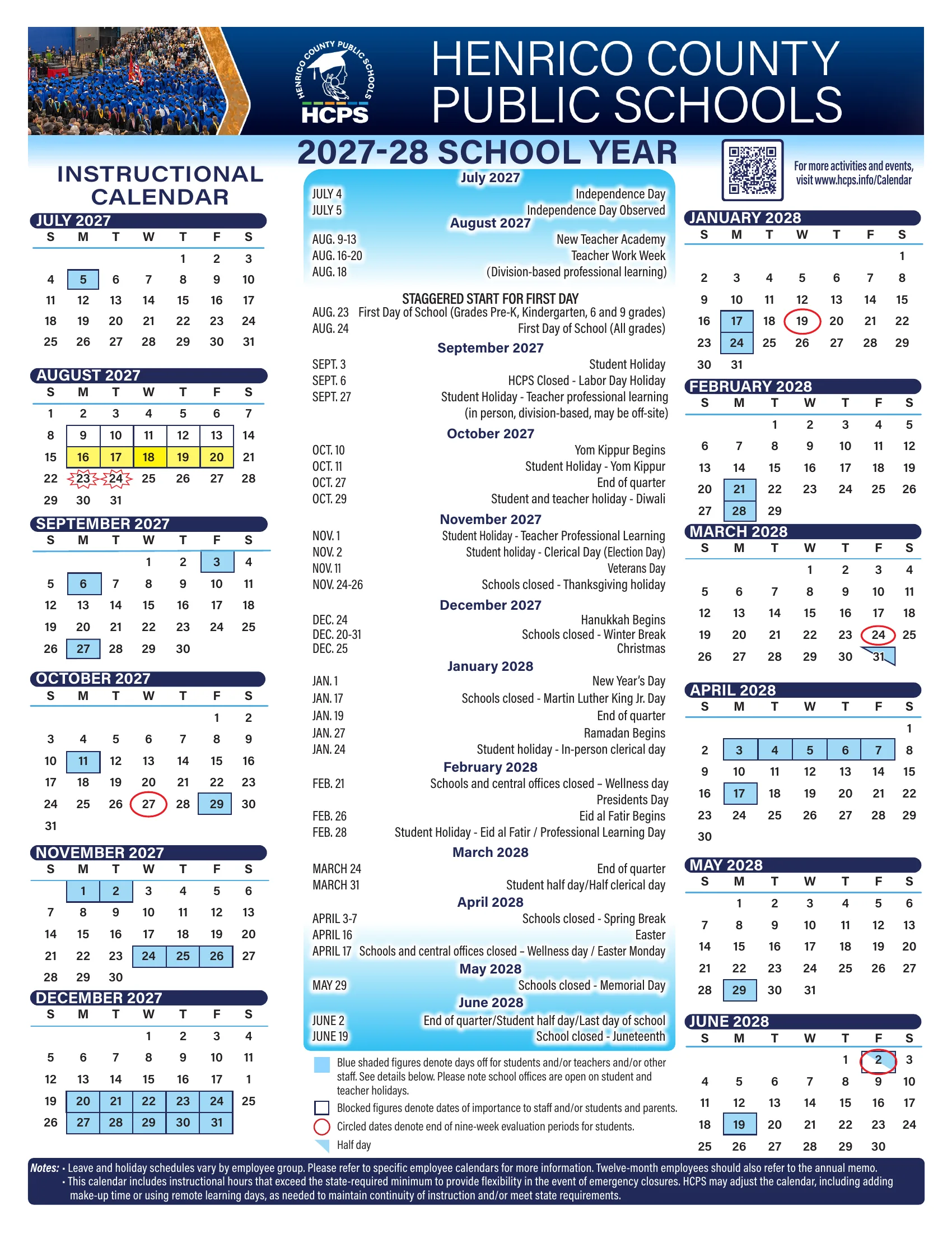The Henrico County Public Schools 2027-28 instructional calendar: month grids from July 2027 to June 2028 with days off shaded blue, the teacher work week in yellow, the staggered first days starred, end of each nine weeks circled in red and half days marked with a blue corner, plus a month-by-month list of dates in the center.
