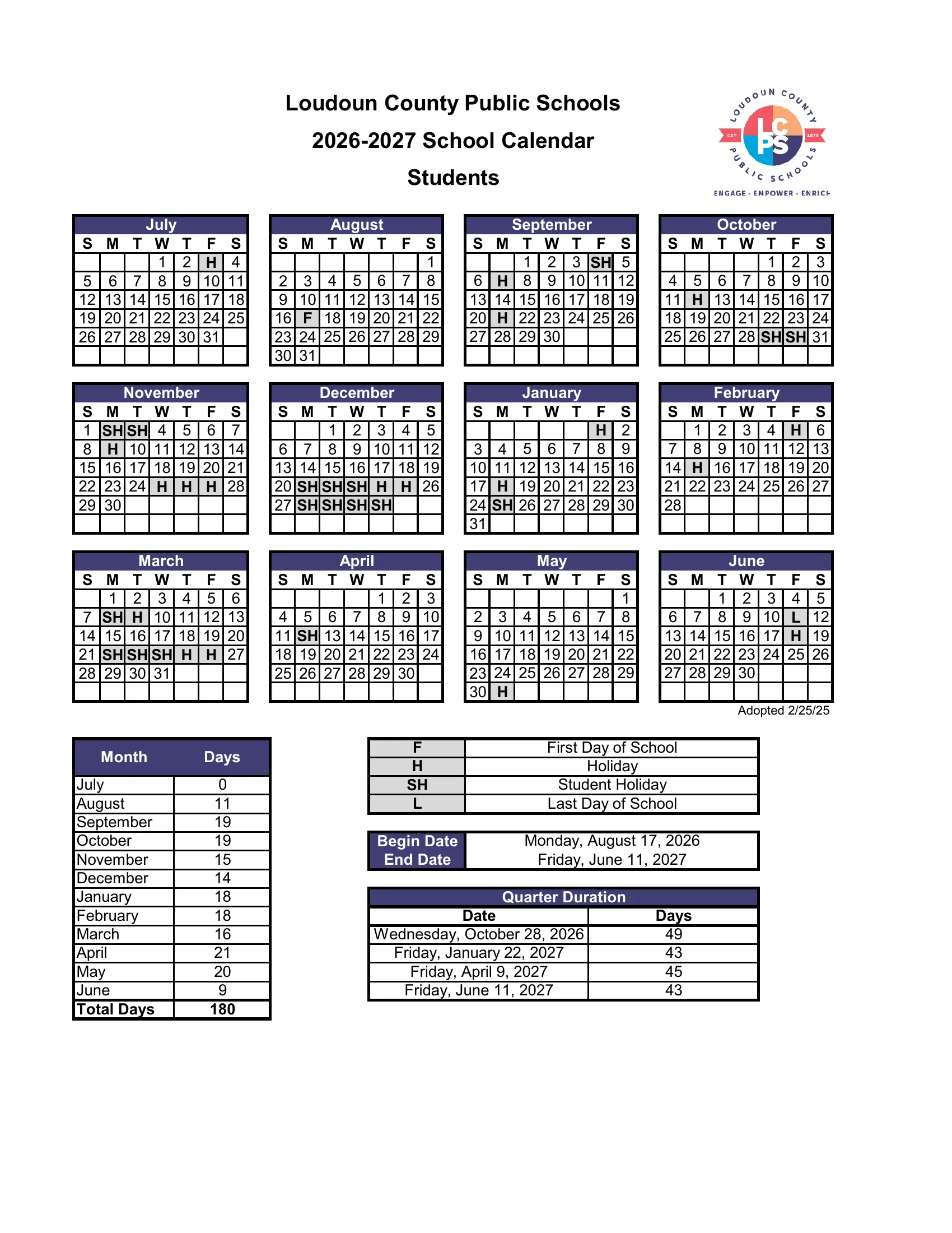 The Loudoun County Public Schools 2026-2027 School Calendar for students: twelve month grids from July 2026 to June 2027 with holidays marked H, student holidays SH, the first day F and last day L, a days-per-month table and the quarter end dates.