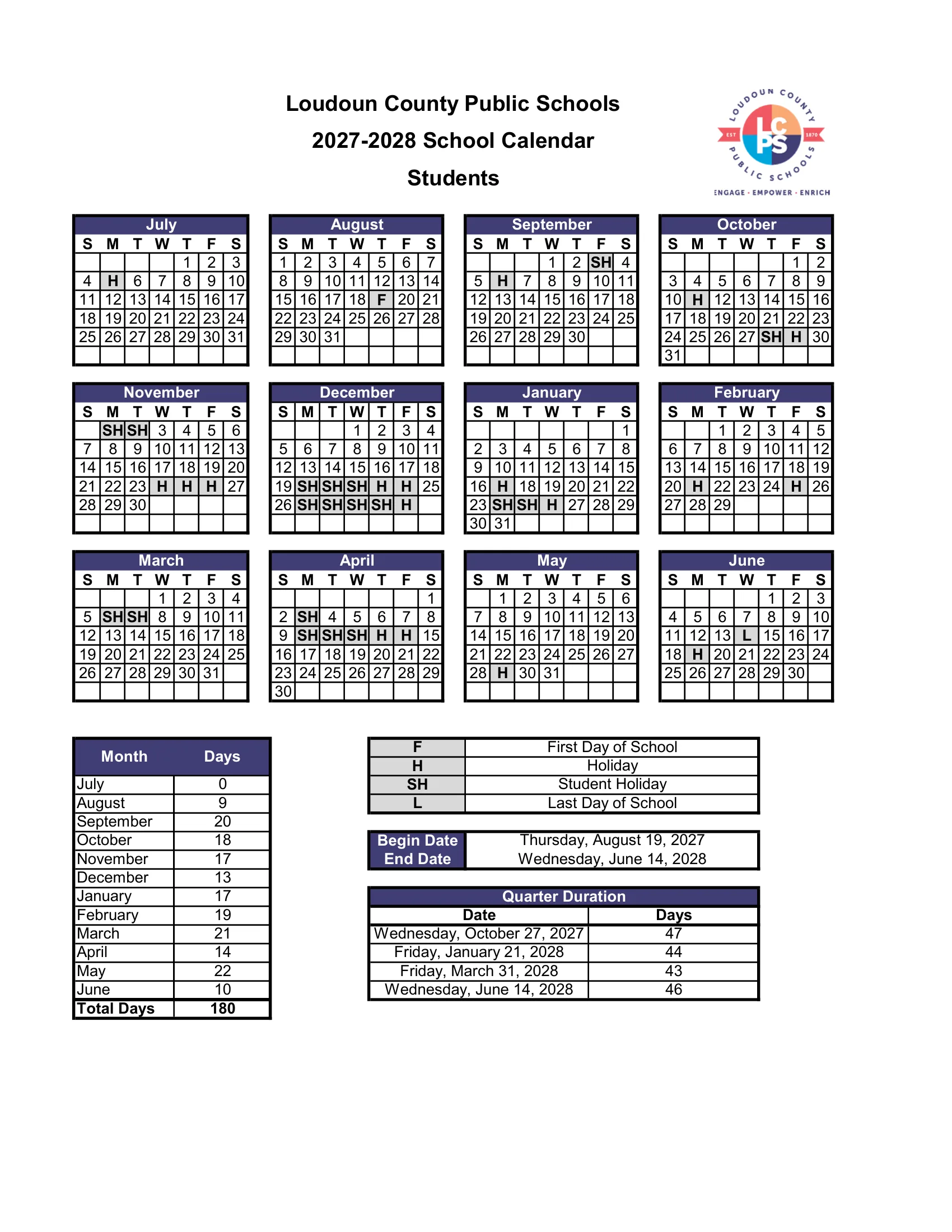 The Loudoun County Public Schools 2027-2028 School Calendar for students: twelve month grids from July 2027 to June 2028 with holidays marked H, student holidays SH, the first day F and last day L, a days-per-month table and the quarter end dates.