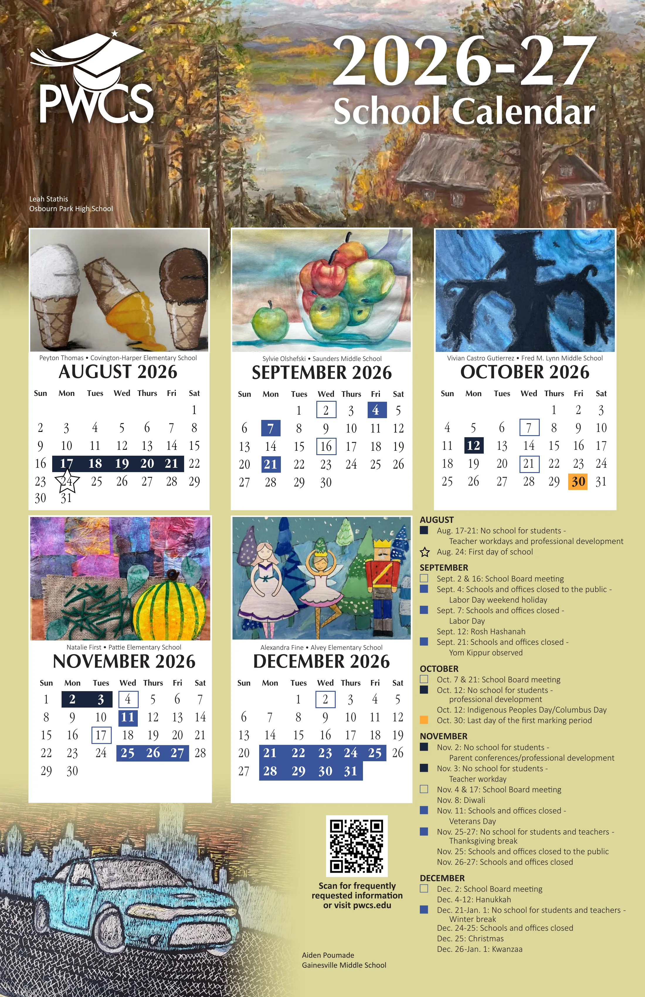 The Prince William County Public Schools 2026-27 School Calendar, print version: month grids from August 2026 to June 2027 with student artwork, color-coded days off, first and last day stars, marking period ends and a dated list of every closing by month.