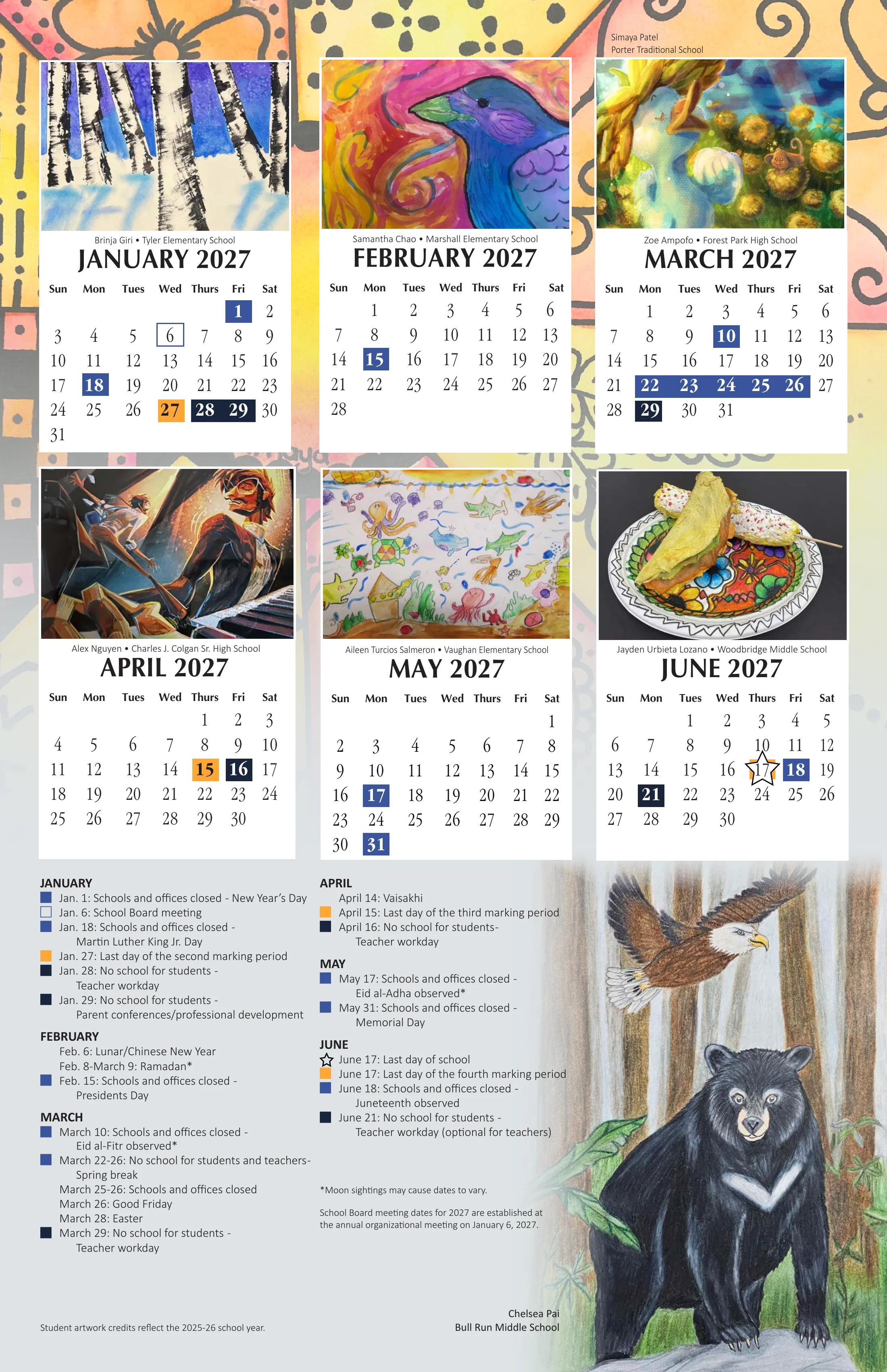 The Prince William County Public Schools 2026-27 School Calendar, print version: month grids from August 2026 to June 2027 with student artwork, color-coded days off, first and last day stars, marking period ends and a dated list of every closing by month. Page 2 of 2.