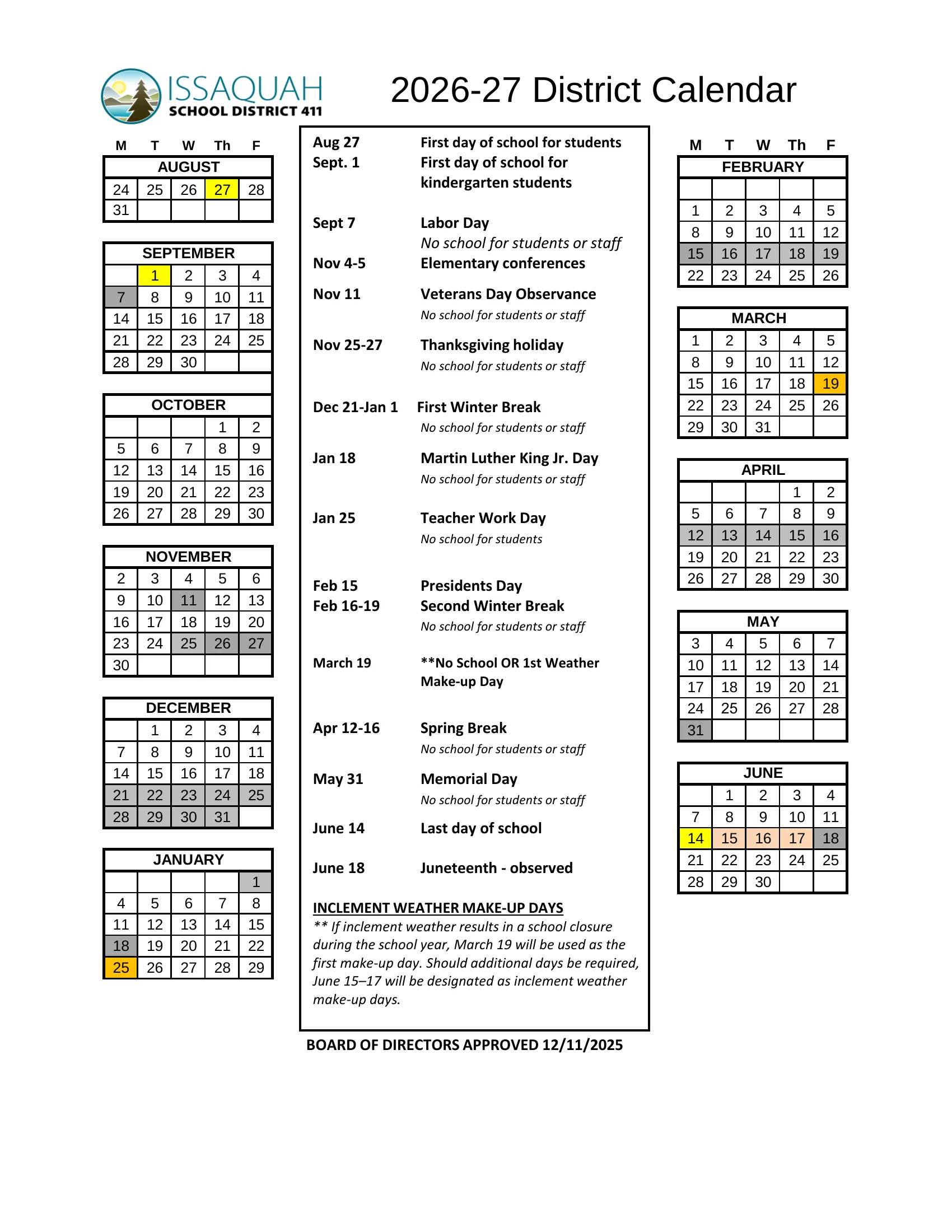 The Issaquah School District 2026-27 district calendar: weekday grids from August 2026 to June 2027, with first and last days in yellow, days off in gray, the March 19 weather makeup day and the Jan. 25 teacher work day in orange and the June 15 to 17 makeup days in peach, and a list of key dates with the inclement weather makeup rule.