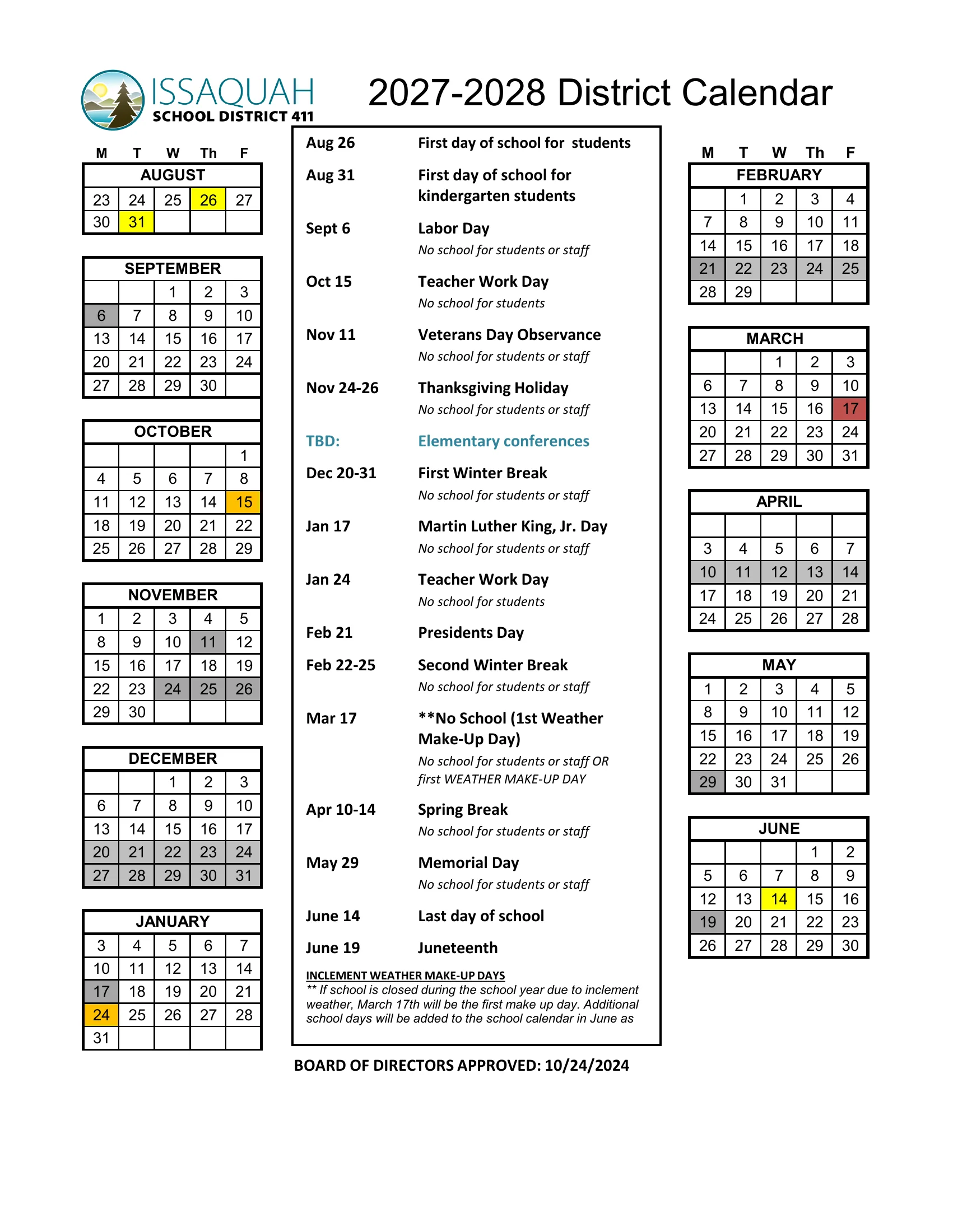 The Issaquah School District 2027-28 district calendar: weekday grids from August 2027 to June 2028, with first and last days in yellow, days off in gray, the Oct. 15 and Jan. 24 teacher work days in orange, the March 17 weather makeup day in red, and a list of key dates with the inclement weather makeup rule.