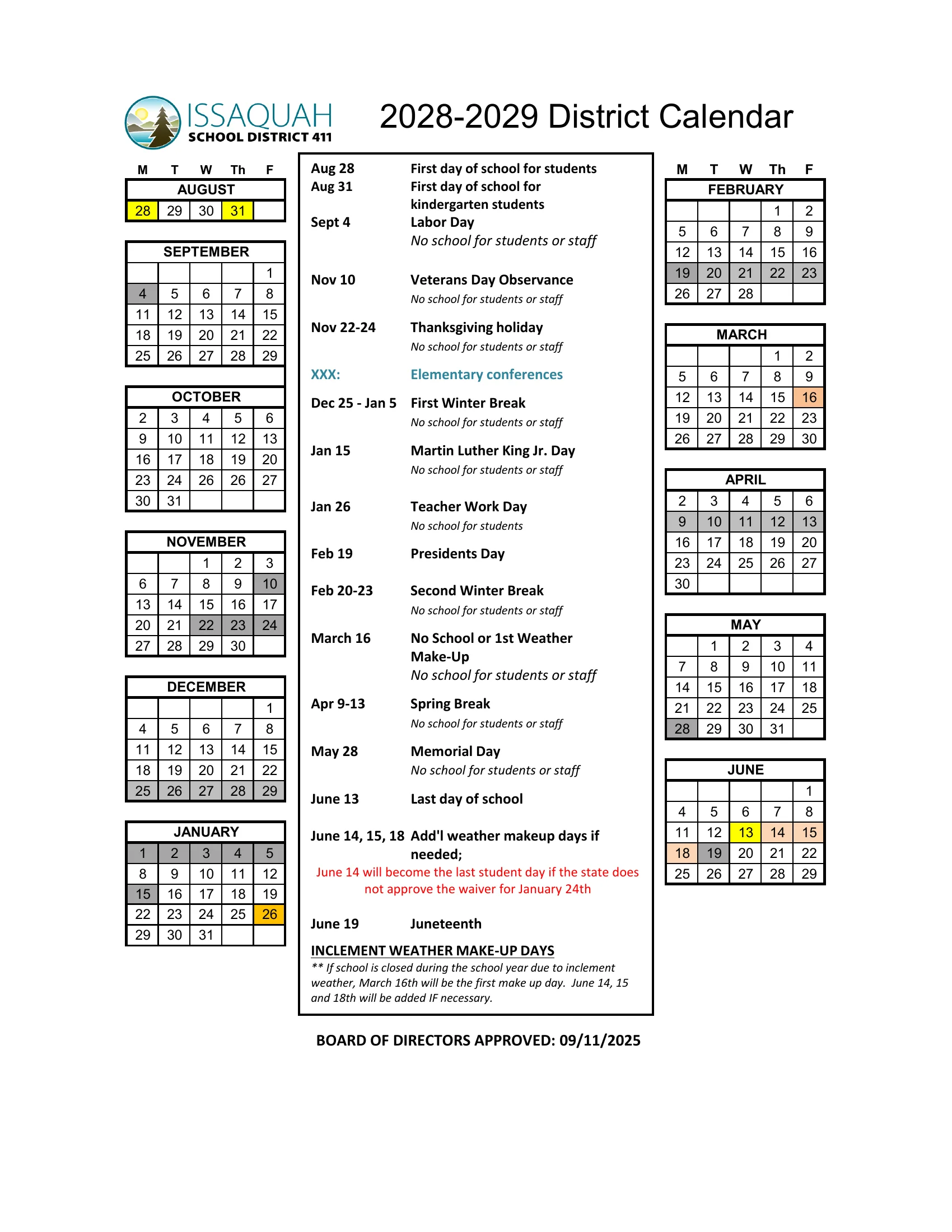 The Issaquah School District 2028-29 district calendar: weekday grids from August 2028 to June 2029, with first and last days in yellow, days off in gray, the Jan. 26 teacher work day in orange, the March 16 and June 14, 15 and 18 weather makeup days in light orange, and a list of key dates with the inclement weather makeup rule.