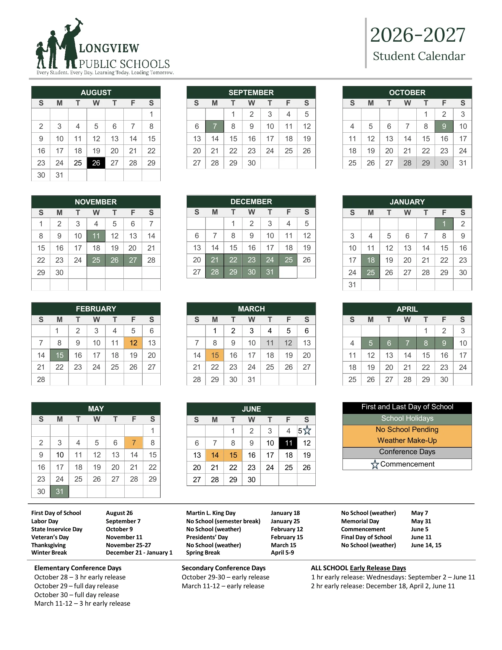 The Longview Public Schools 2026-2027 Student Calendar: month grids from August 2026 to June 2027 with the first and last days in black, school holidays in green, no school pending weather makeup in orange and conference days in gray, a list of key dates, conference days and early release days.