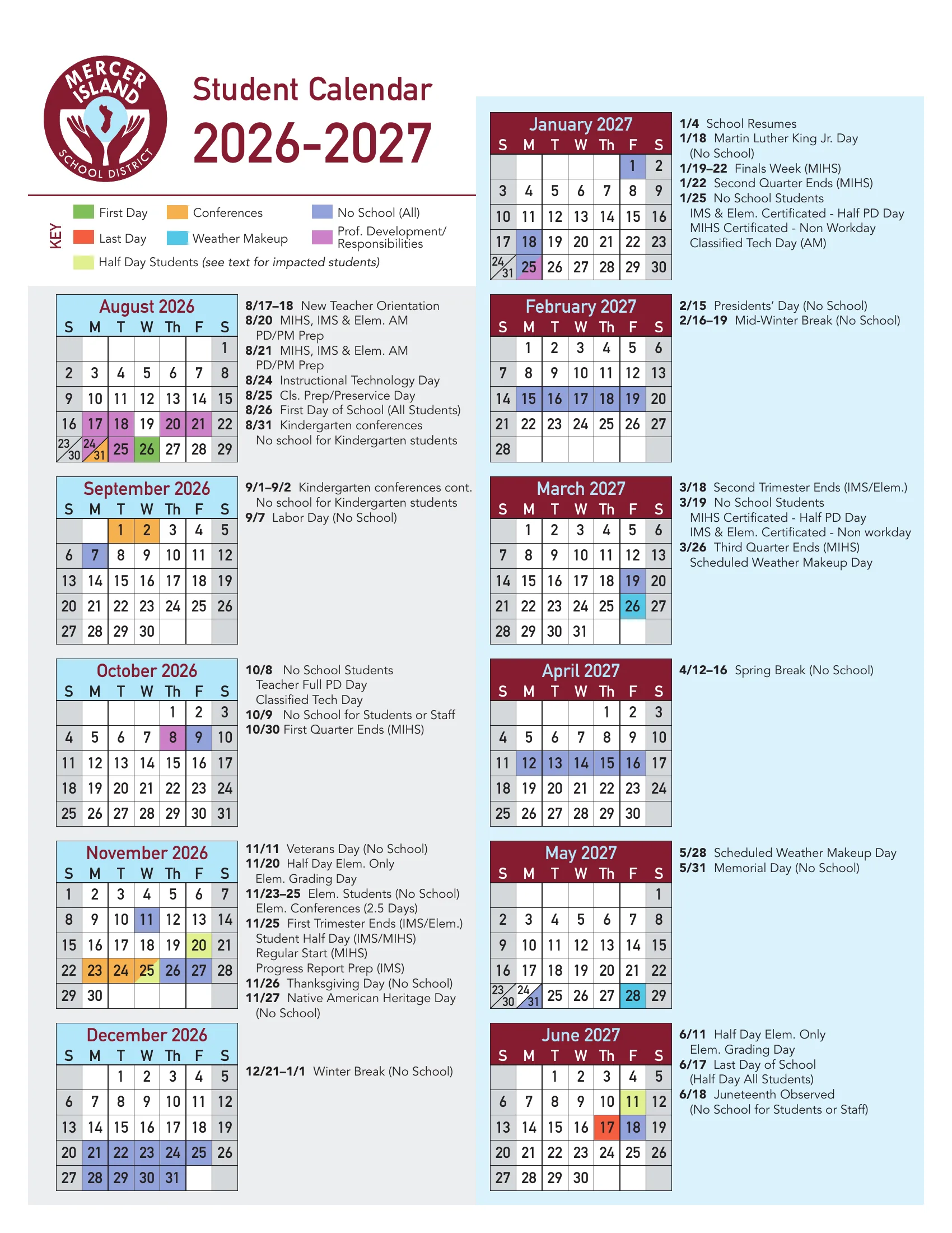 The Mercer Island School District Student Calendar 2026-2027: month grids from August 2026 to June 2027 with the first day in green, the last day in red, conferences in orange, weather makeup days in light blue, no school for all in periwinkle, professional development days in purple and student half days in pale yellow, with notes beside each month.