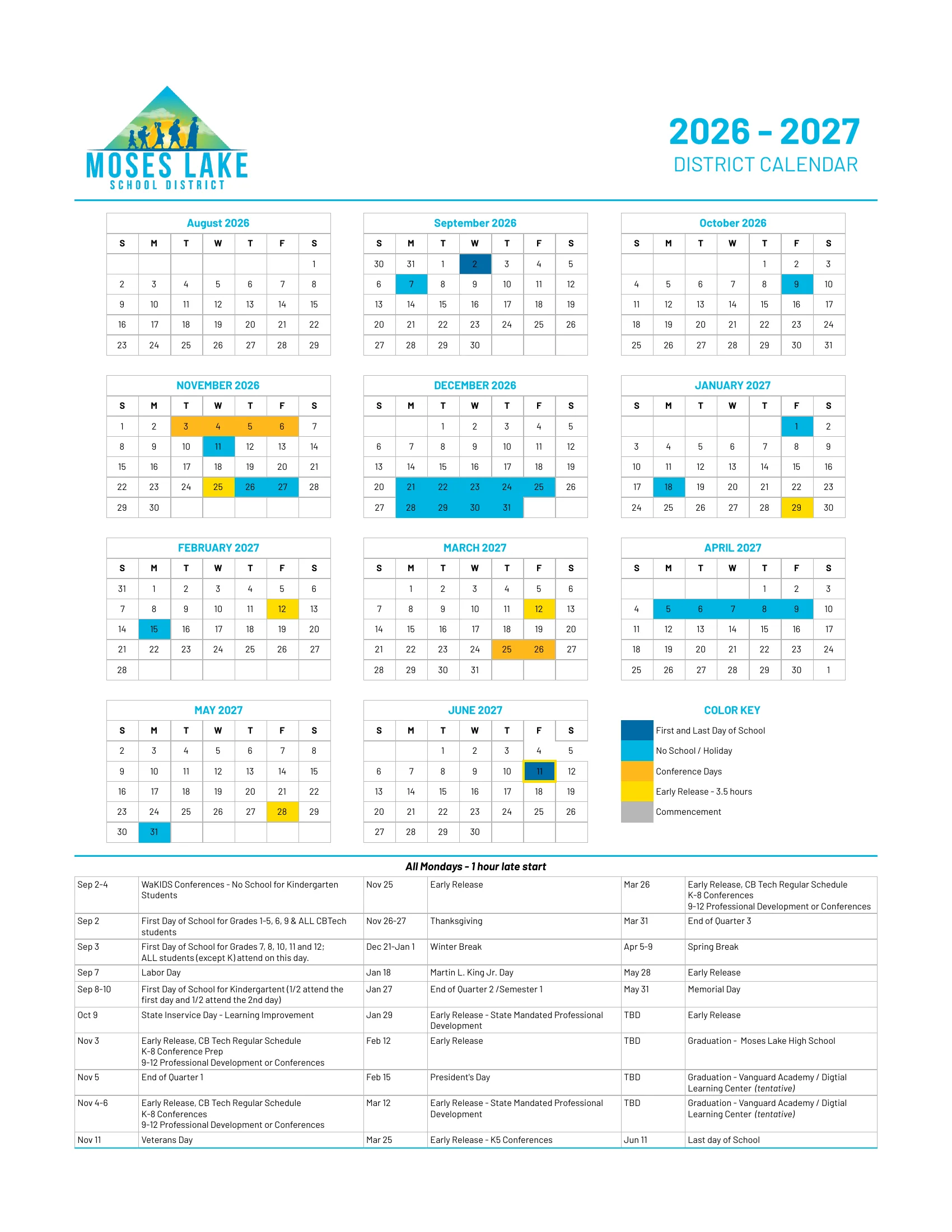 The Moses Lake School District 2026-2027 District Calendar: month grids from August 2026 to June 2027 with the first and last day in dark blue, no school days and holidays in light blue, conference days in orange and 3.5-hour early release days in yellow, a color key and a dated list of events.