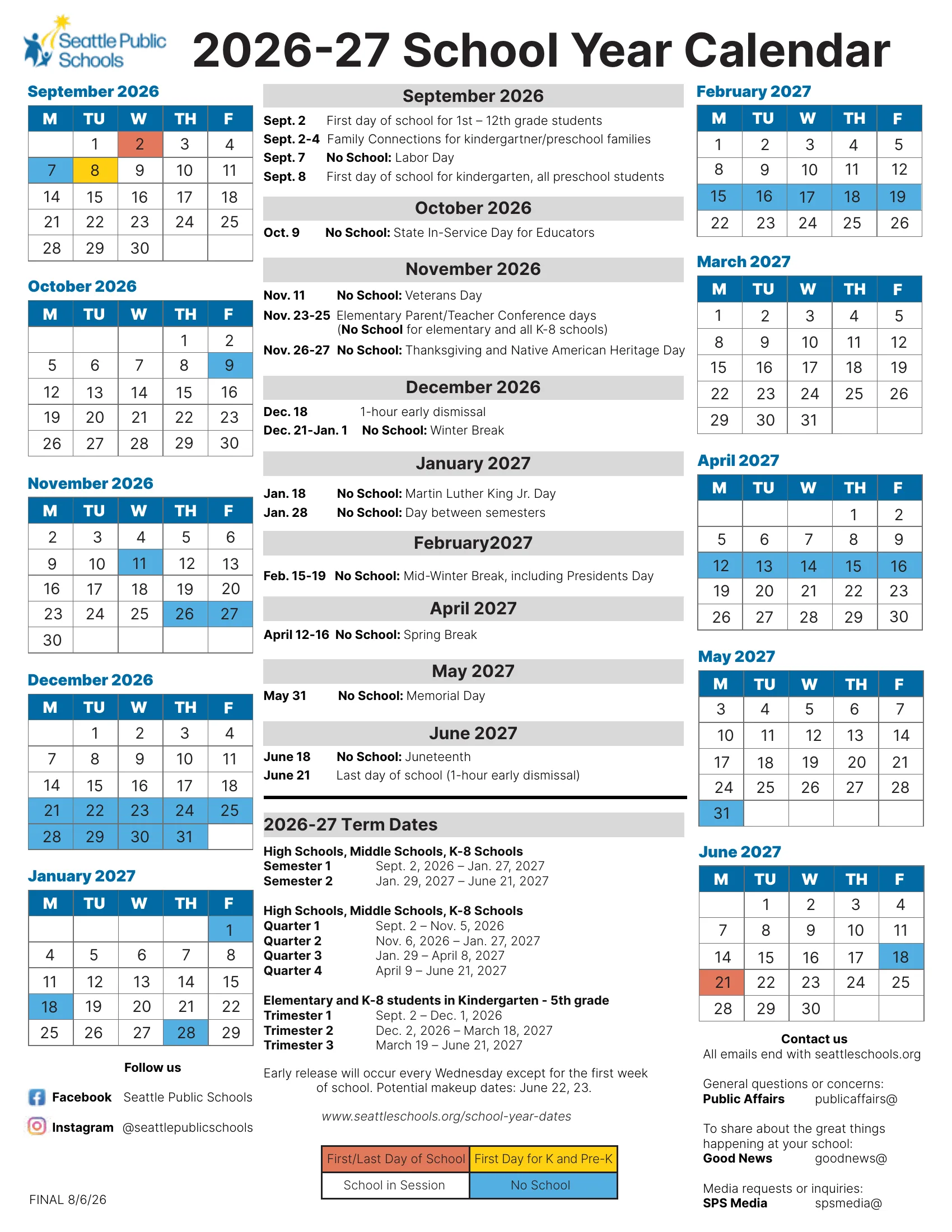 The Seattle Public Schools 2026-27 School Year Calendar: weekday month grids from September 2026 to June 2027 with no-school days in blue, the first and last days in orange and the first day for kindergarten and pre-K in yellow, a month-by-month list of dates and the 2026-27 term dates in the center.