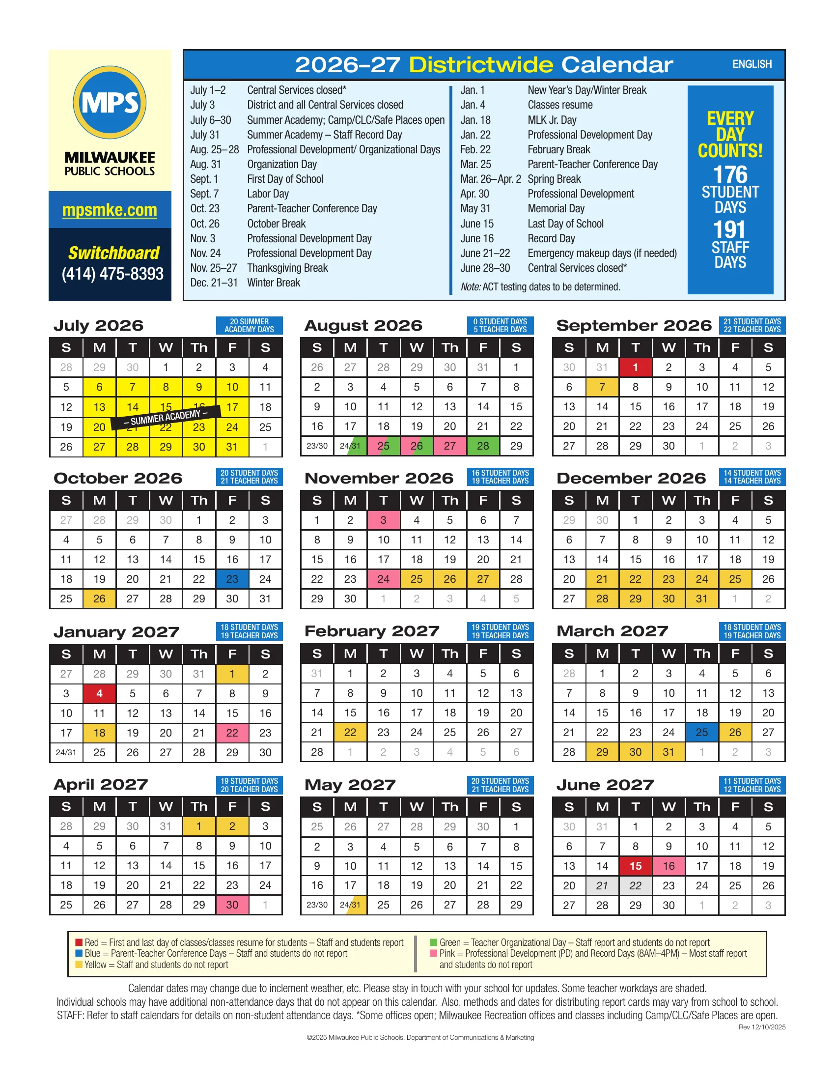 The Milwaukee Public Schools 2026-27 Districtwide Calendar in English: month grids from July 2026 to June 2027 with first and last days in red, parent-teacher conference days in blue, days off for staff and students in yellow, organization days in green and professional development and record days in pink, student and teacher day counts for each month, and a list of key dates at the top.