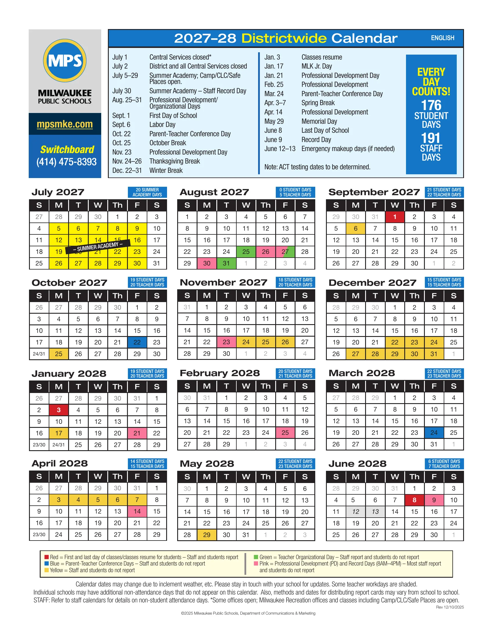 The Milwaukee Public Schools 2027-28 Districtwide Calendar in English: month grids from July 2027 to June 2028 with first and last days in red, parent-teacher conference days in blue, days off for staff and students in yellow, organization days in green and professional development and record days in pink, student and teacher day counts for each month, and a list of key dates at the top.
