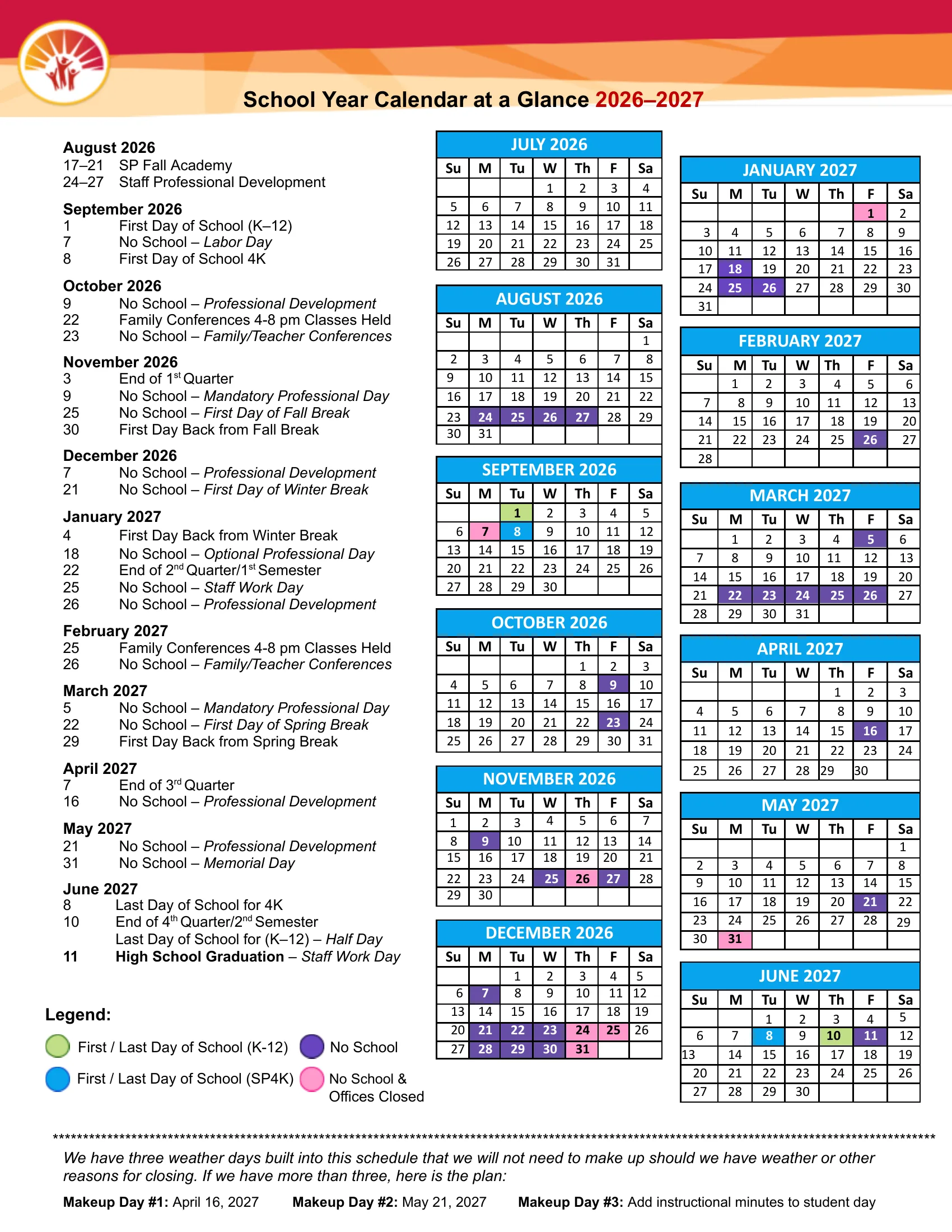 The Sun Prairie Area School District School Year Calendar at a Glance 2026-2027: a month-by-month list of key dates beside month grids from July 2026 to June 2027, first and last days in green and blue, no-school days in purple, no-school days with offices closed in pink, and the weather makeup plan at the bottom.