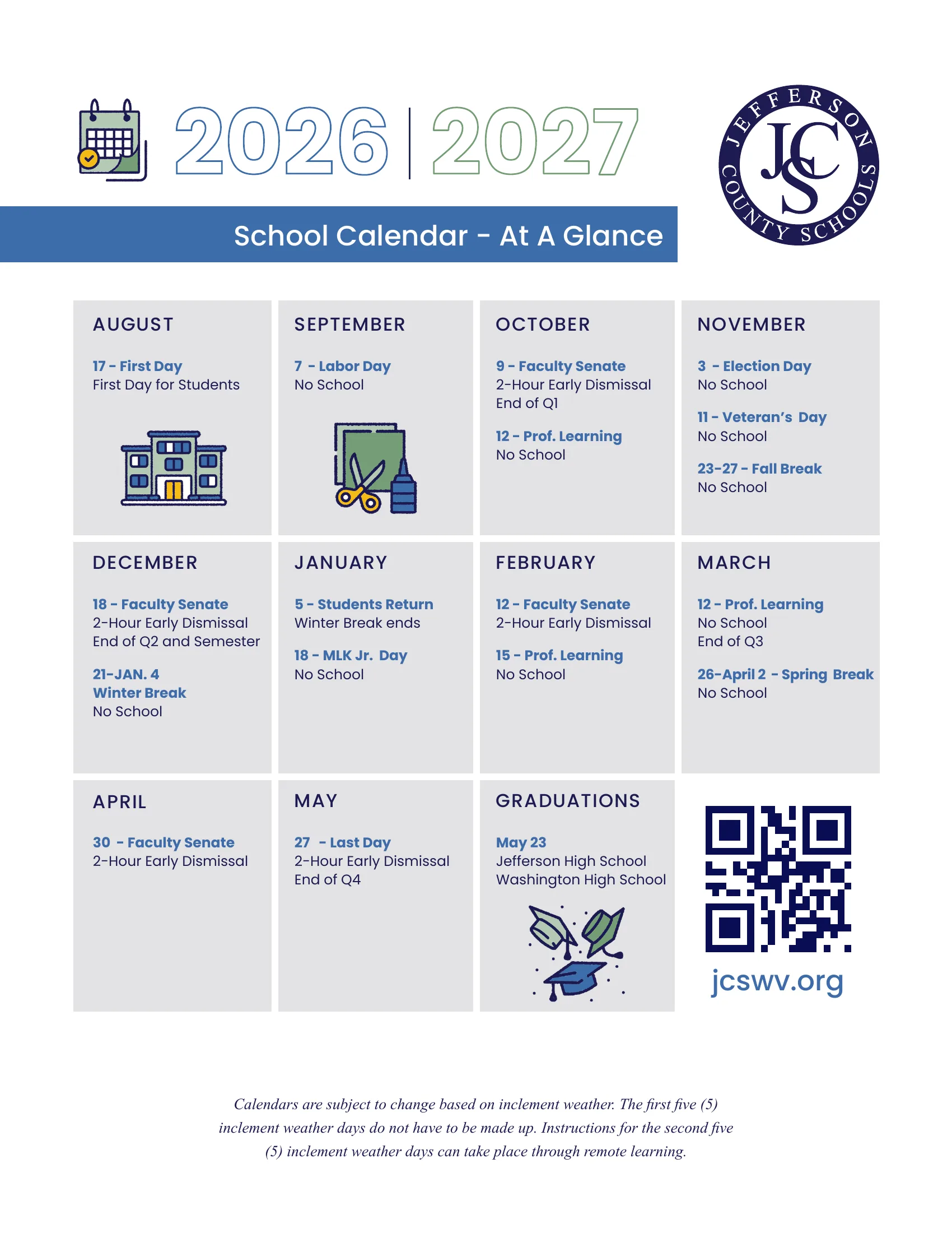 The Jefferson County Schools 2026-2027 School Calendar At A Glance: a box for each month from August to May listing the first day, days with no school, breaks, 2-hour early dismissals, quarter ends and the last day, plus graduation dates and a note on inclement weather days.