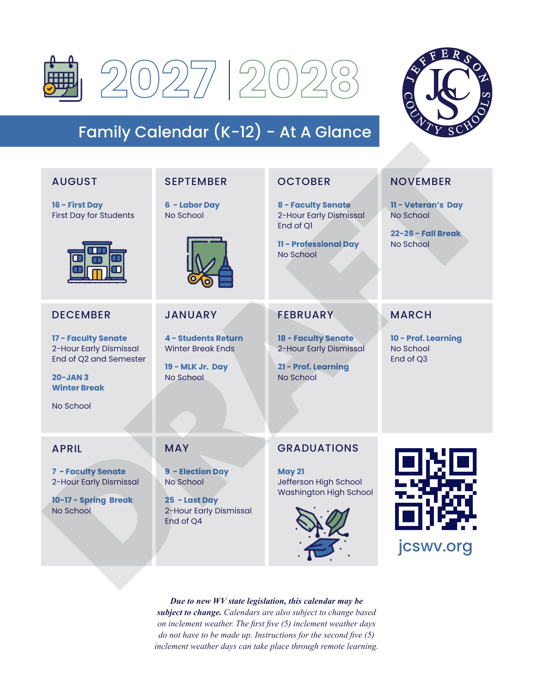 The Jefferson County Schools 2027-2028 Family Calendar (K-12) At A Glance: a box for each month from August to May listing the first day, days with no school, breaks, 2-hour early dismissals, quarter ends and the last day, plus graduation dates and a note on inclement weather days.