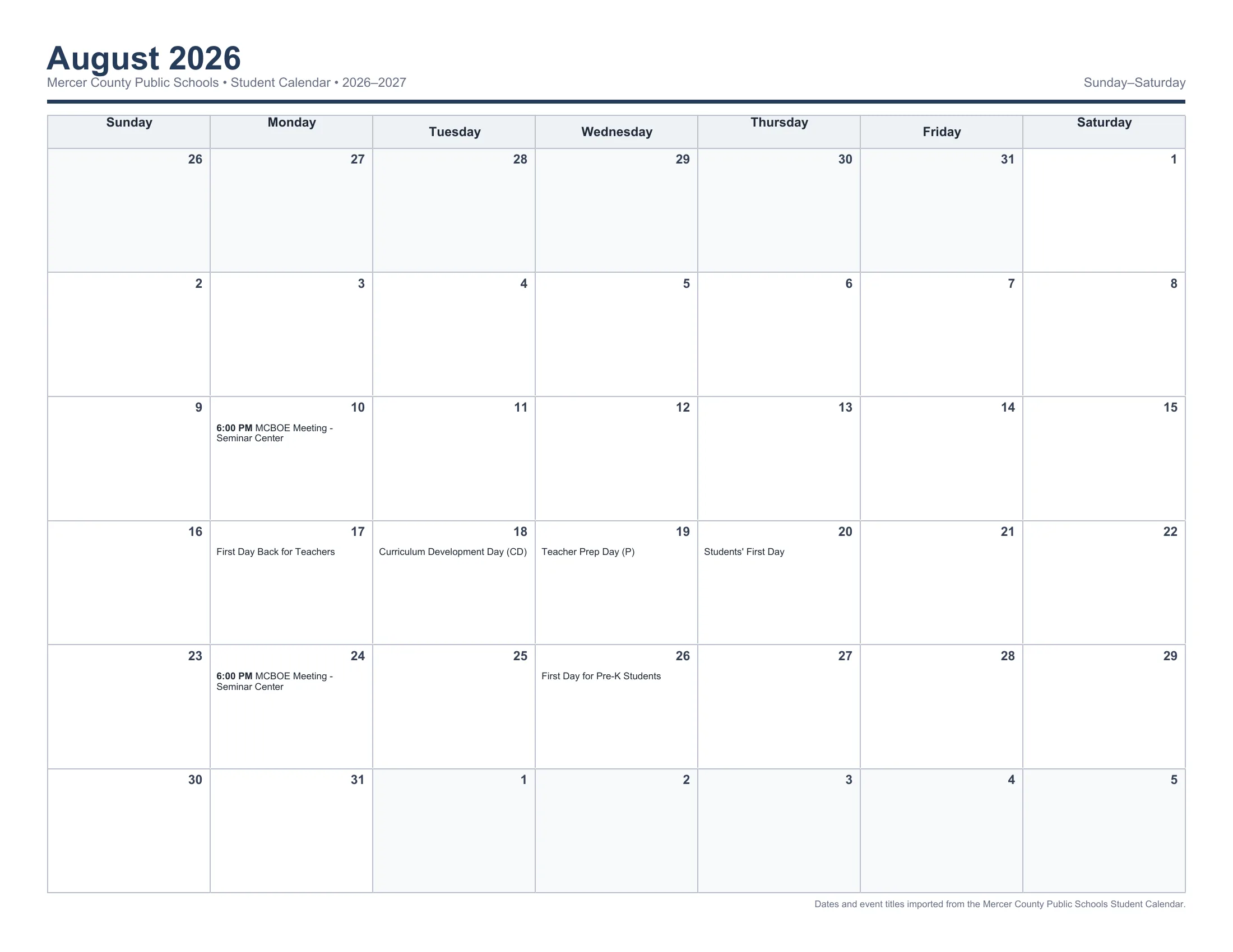 The Mercer County Public Schools 2026-2027 Student Calendar: one Sunday to Saturday month grid per page from August 2026 to June 2027, with each day's events written in its cell, including holidays, breaks, no-student days, OS Days and the end of each nine weeks.