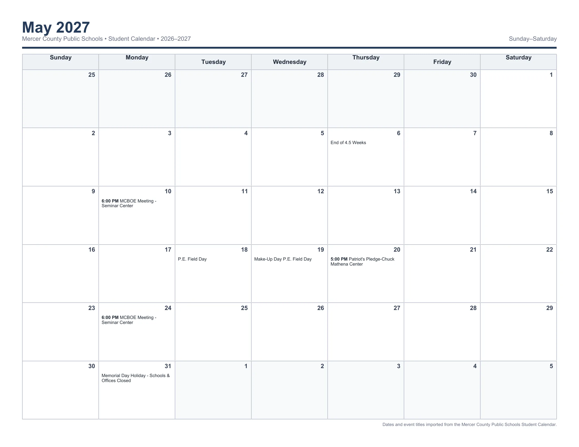 The Mercer County Public Schools 2026-2027 Student Calendar: one Sunday to Saturday month grid per page from August 2026 to June 2027, with each day's events written in its cell, including holidays, breaks, no-student days, OS Days and the end of each nine weeks. Page 10 of 12.