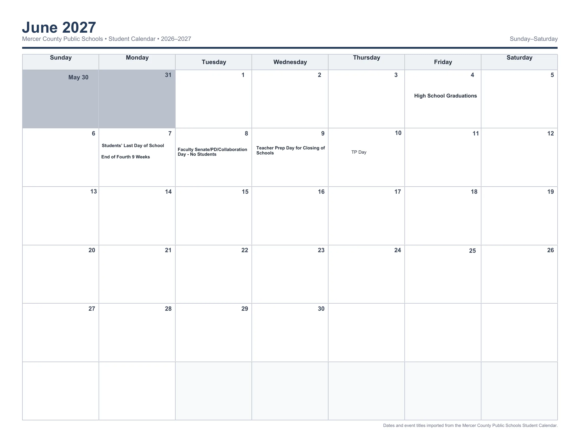 The Mercer County Public Schools 2026-2027 Student Calendar: one Sunday to Saturday month grid per page from August 2026 to June 2027, with each day's events written in its cell, including holidays, breaks, no-student days, OS Days and the end of each nine weeks. Page 11 of 12.