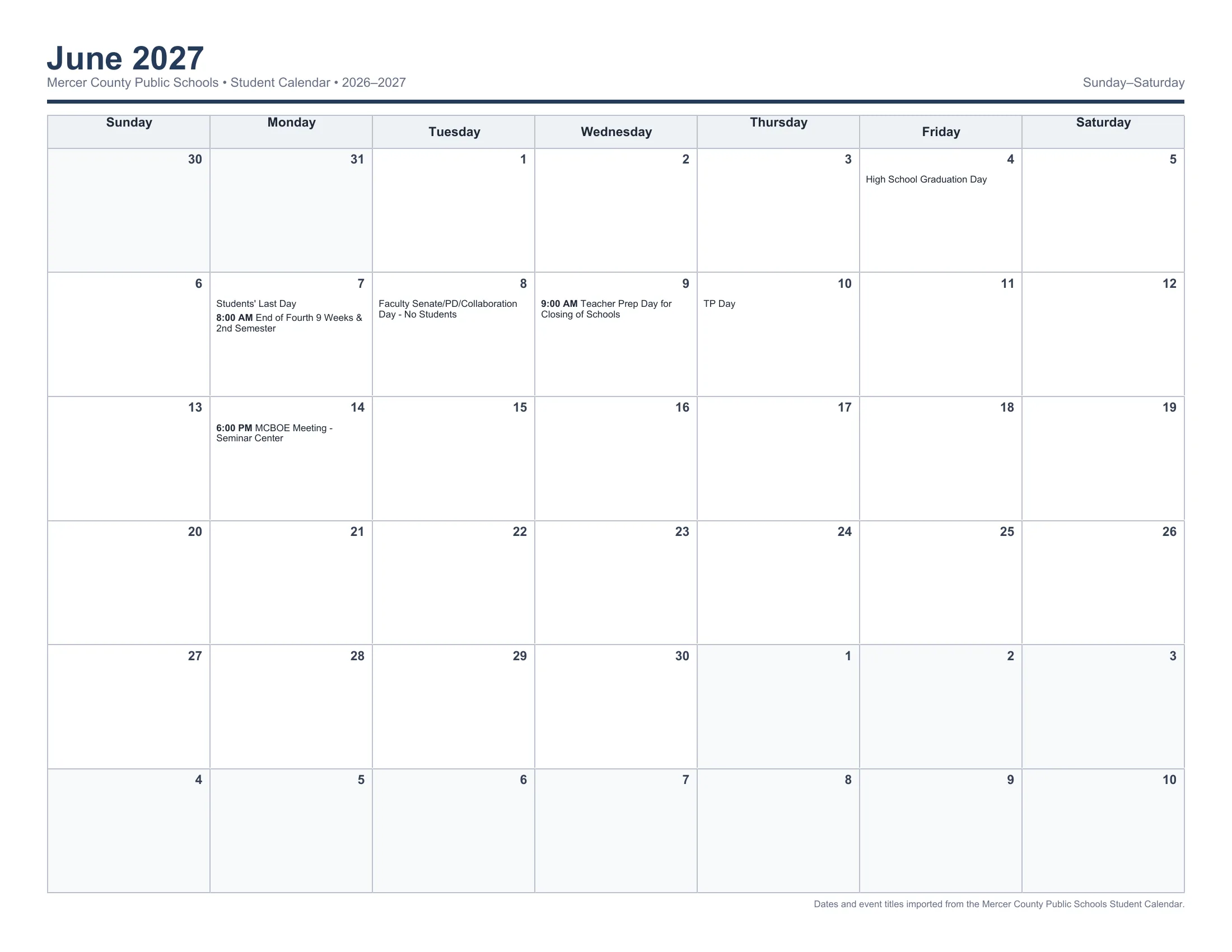 The Mercer County Public Schools 2026-2027 Student Calendar: one Sunday to Saturday month grid per page from August 2026 to June 2027, with each day's events written in its cell, including holidays, breaks, no-student days, OS Days and the end of each nine weeks. Page 12 of 12.