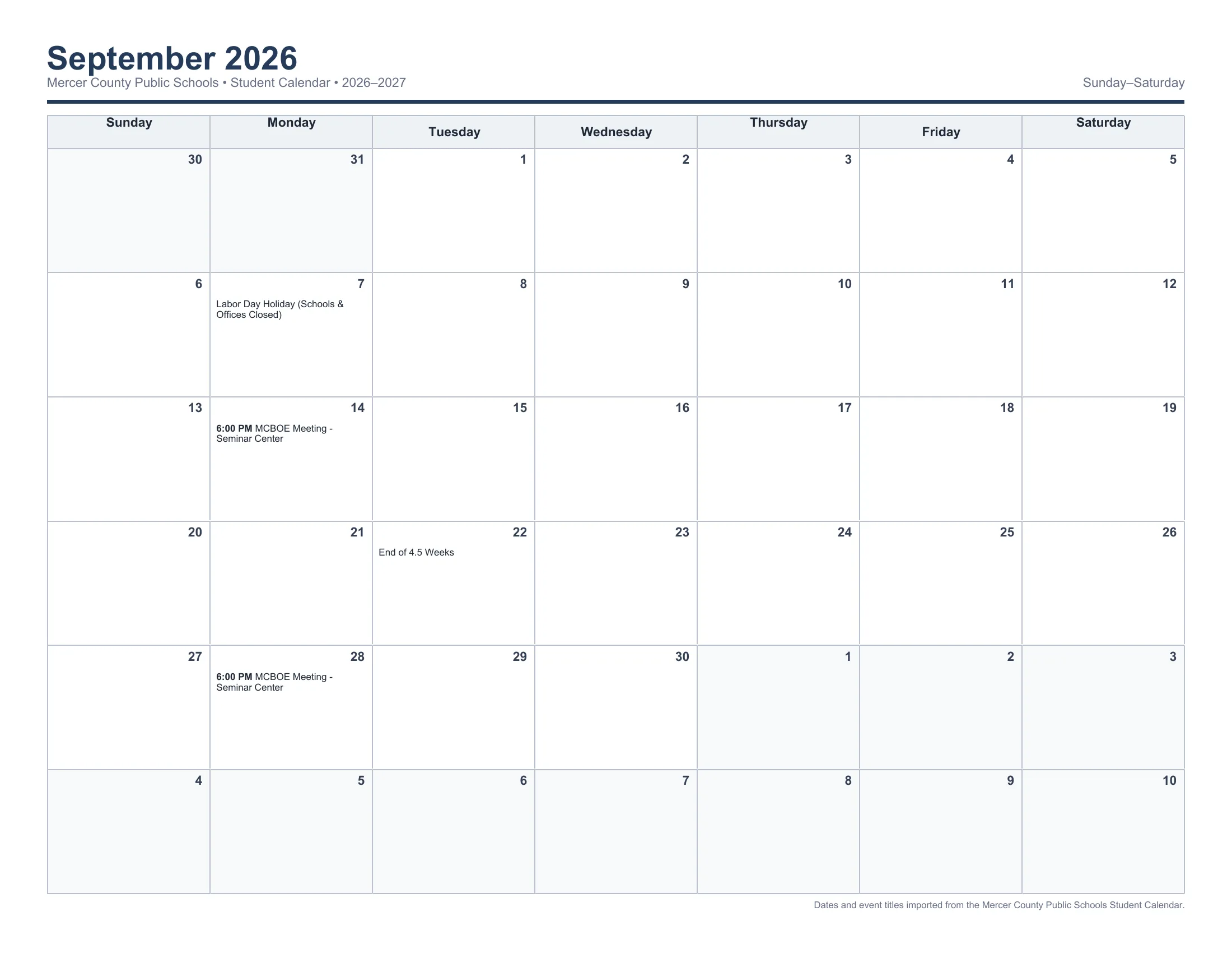 The Mercer County Public Schools 2026-2027 Student Calendar: one Sunday to Saturday month grid per page from August 2026 to June 2027, with each day's events written in its cell, including holidays, breaks, no-student days, OS Days and the end of each nine weeks. Page 2 of 12.
