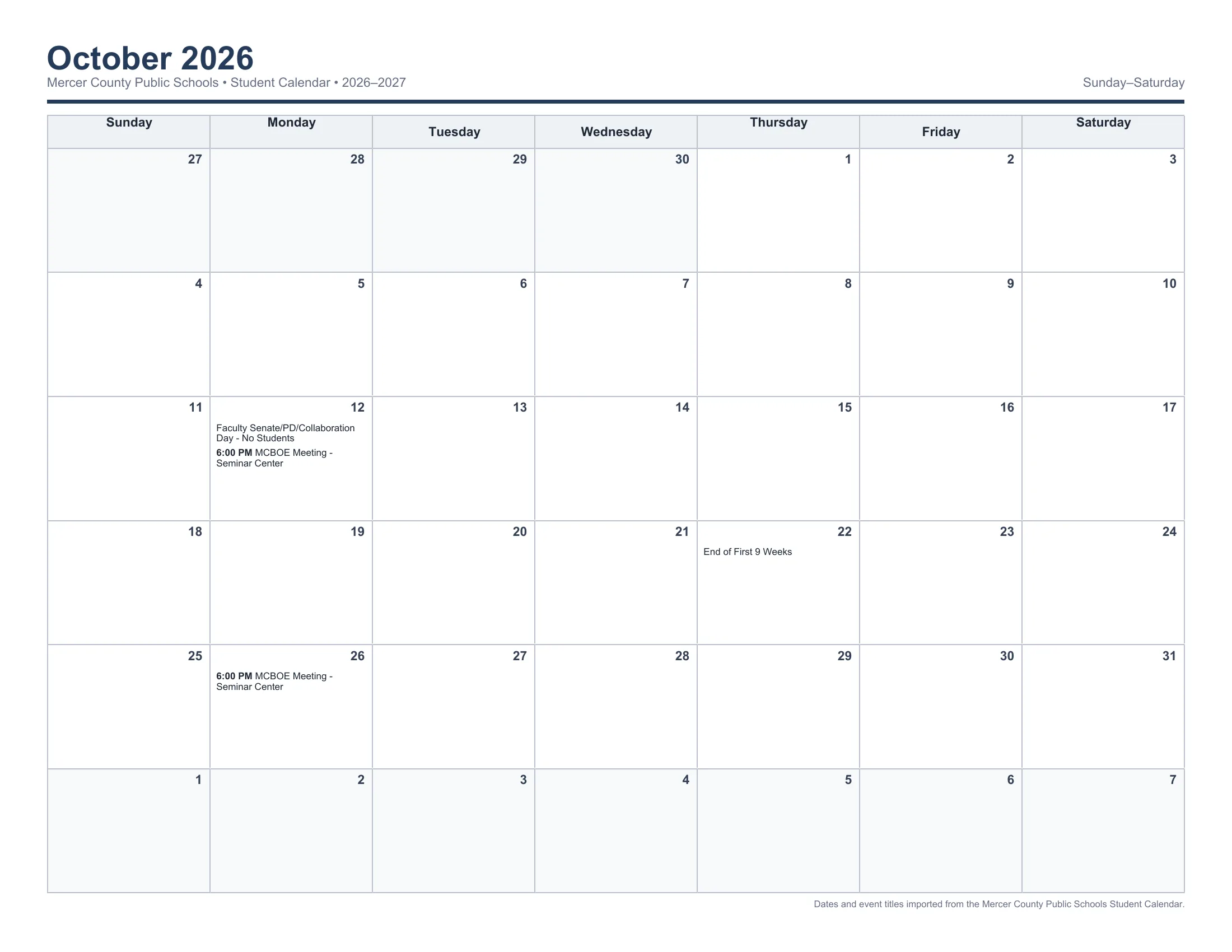 The Mercer County Public Schools 2026-2027 Student Calendar: one Sunday to Saturday month grid per page from August 2026 to June 2027, with each day's events written in its cell, including holidays, breaks, no-student days, OS Days and the end of each nine weeks. Page 3 of 12.