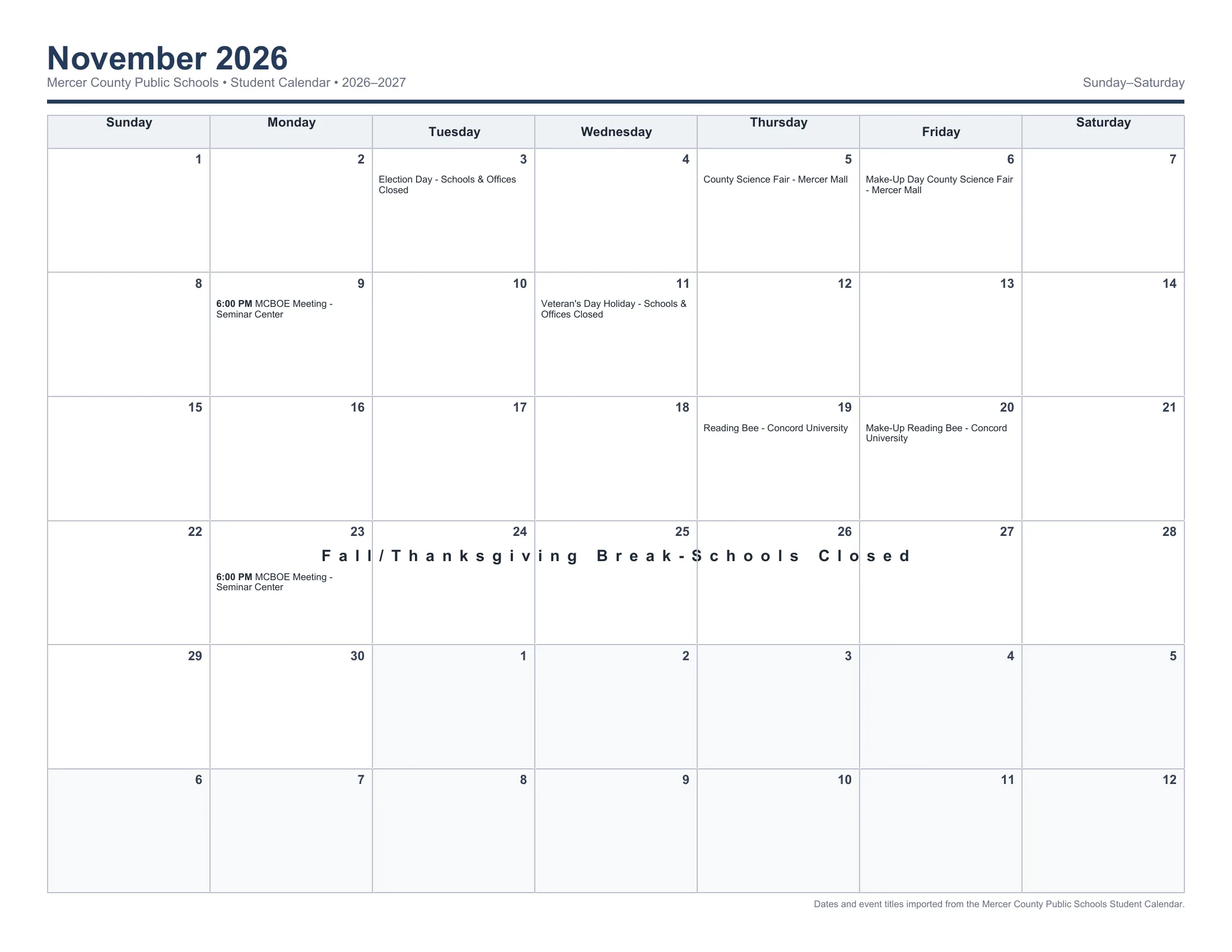 The Mercer County Public Schools 2026-2027 Student Calendar: one Sunday to Saturday month grid per page from August 2026 to June 2027, with each day's events written in its cell, including holidays, breaks, no-student days, OS Days and the end of each nine weeks. Page 4 of 12.