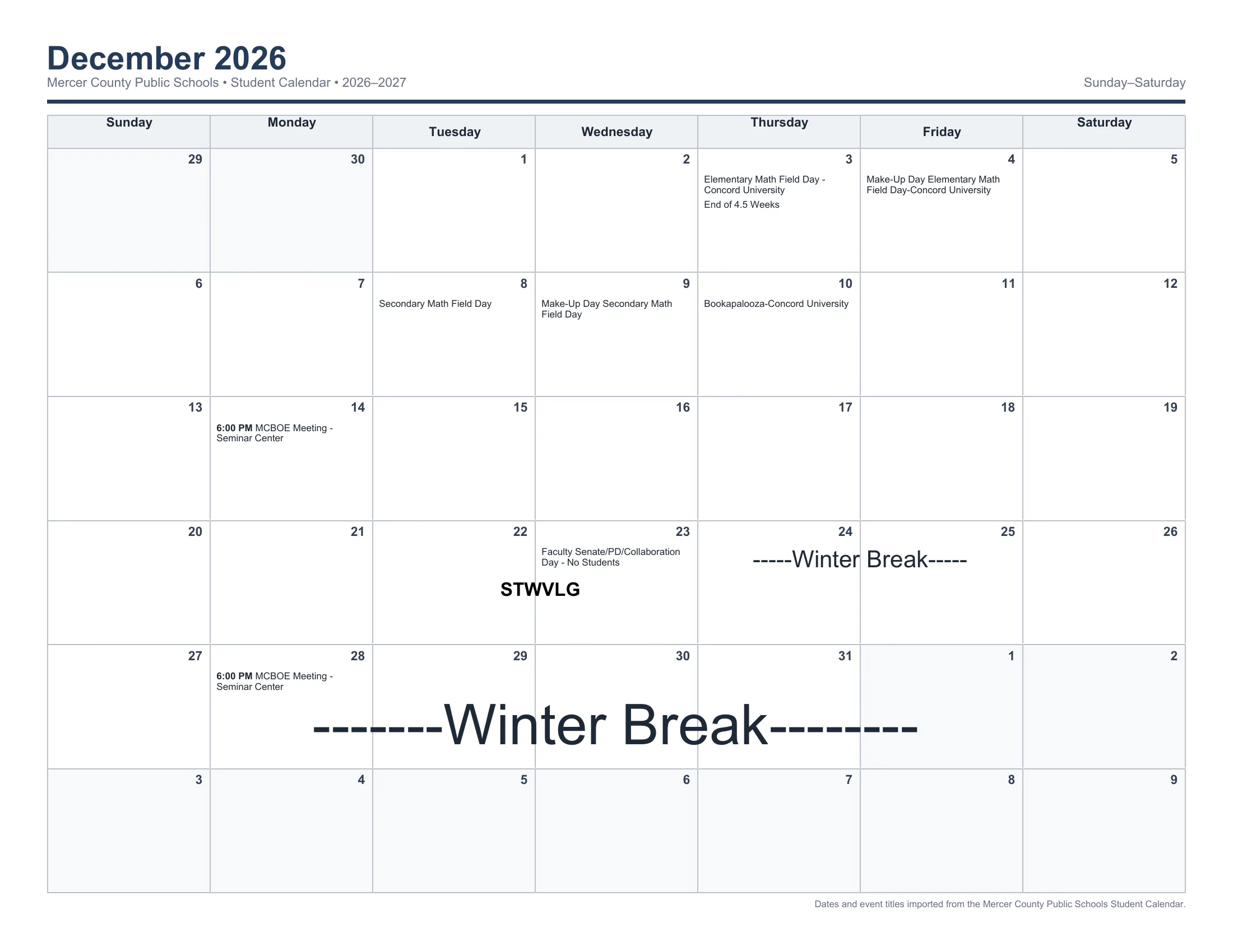 The Mercer County Public Schools 2026-2027 Student Calendar: one Sunday to Saturday month grid per page from August 2026 to June 2027, with each day's events written in its cell, including holidays, breaks, no-student days, OS Days and the end of each nine weeks. Page 5 of 12.