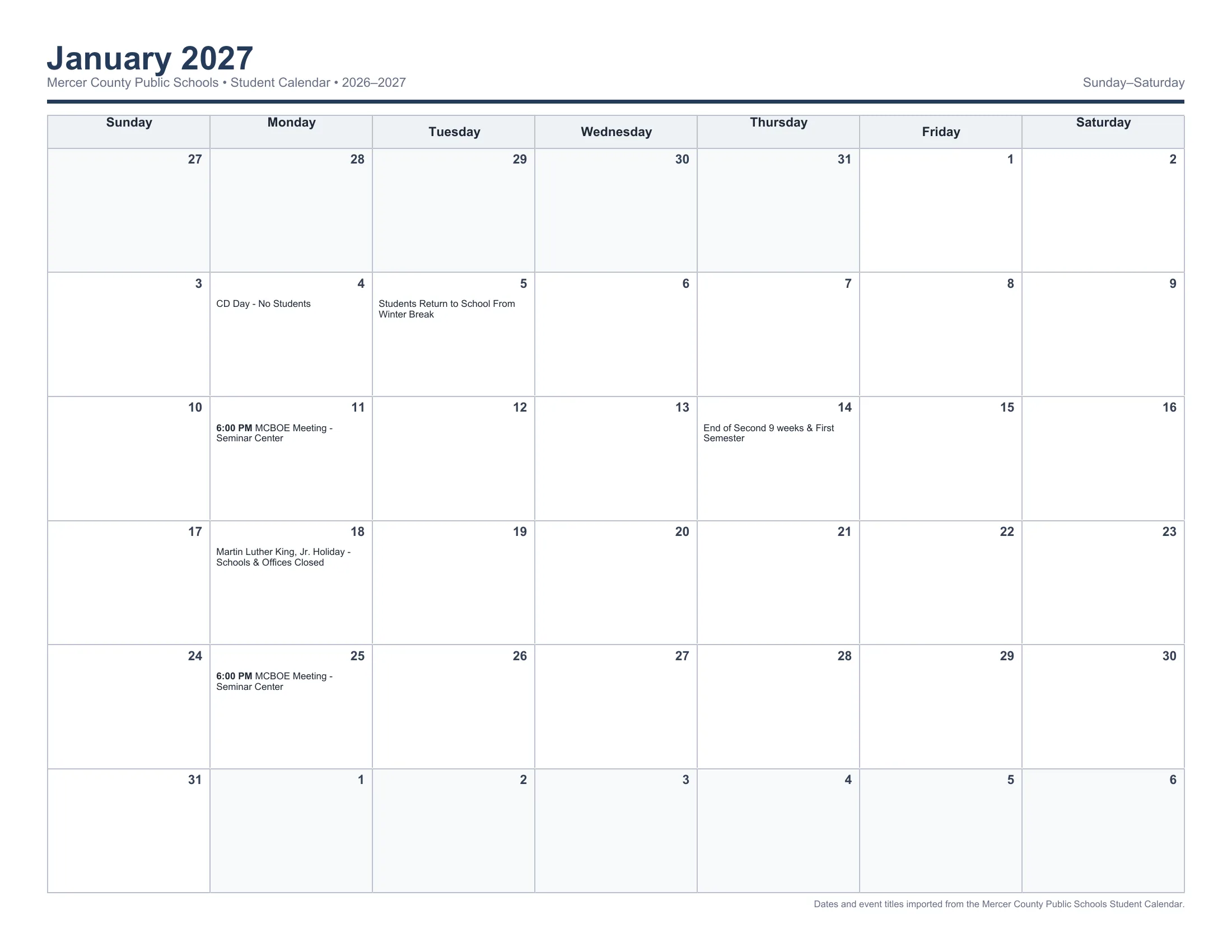 The Mercer County Public Schools 2026-2027 Student Calendar: one Sunday to Saturday month grid per page from August 2026 to June 2027, with each day's events written in its cell, including holidays, breaks, no-student days, OS Days and the end of each nine weeks. Page 6 of 12.