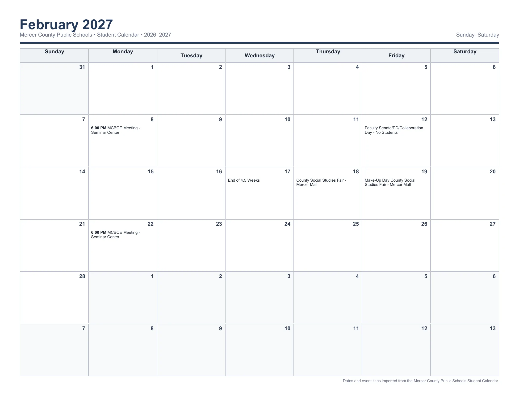 The Mercer County Public Schools 2026-2027 Student Calendar: one Sunday to Saturday month grid per page from August 2026 to June 2027, with each day's events written in its cell, including holidays, breaks, no-student days, OS Days and the end of each nine weeks. Page 7 of 12.