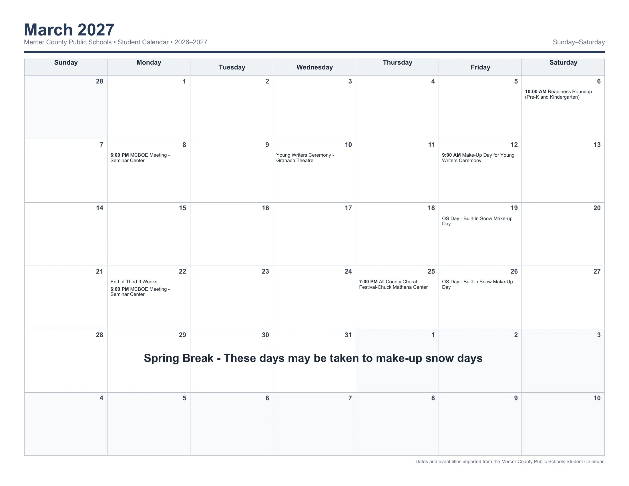The Mercer County Public Schools 2026-2027 Student Calendar: one Sunday to Saturday month grid per page from August 2026 to June 2027, with each day's events written in its cell, including holidays, breaks, no-student days, OS Days and the end of each nine weeks. Page 8 of 12.